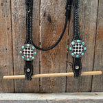 Black Basketweave Checkered and Turquoise Browband | One Ear Tack Set #BBBC523