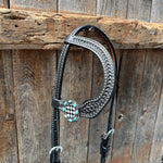 Black Basketweave Checkered and Turquoise Browband | One Ear Tack Set #BBBC523