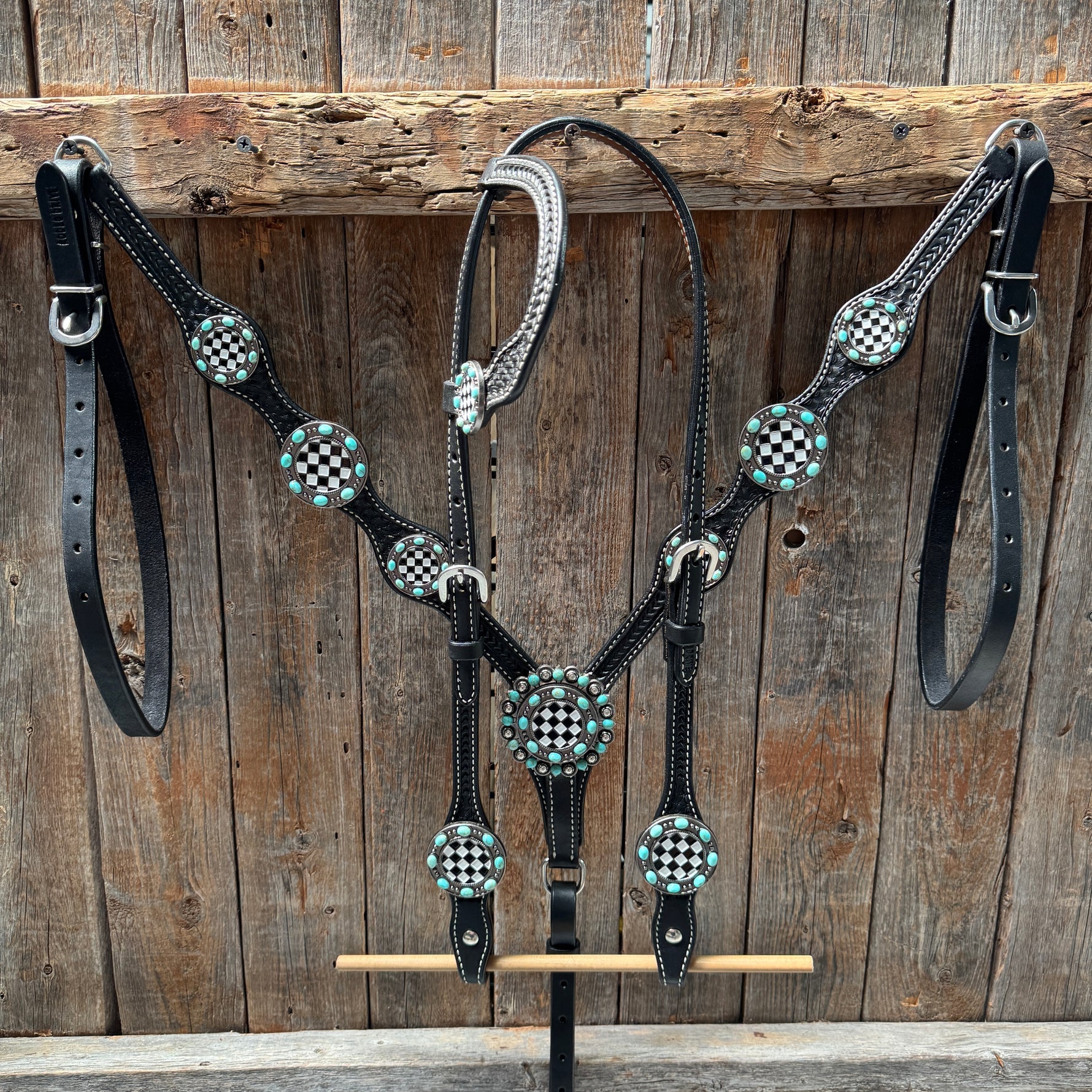 Black Basketweave Checkered and Turquoise Browband | One Ear Tack Set #BBBC523