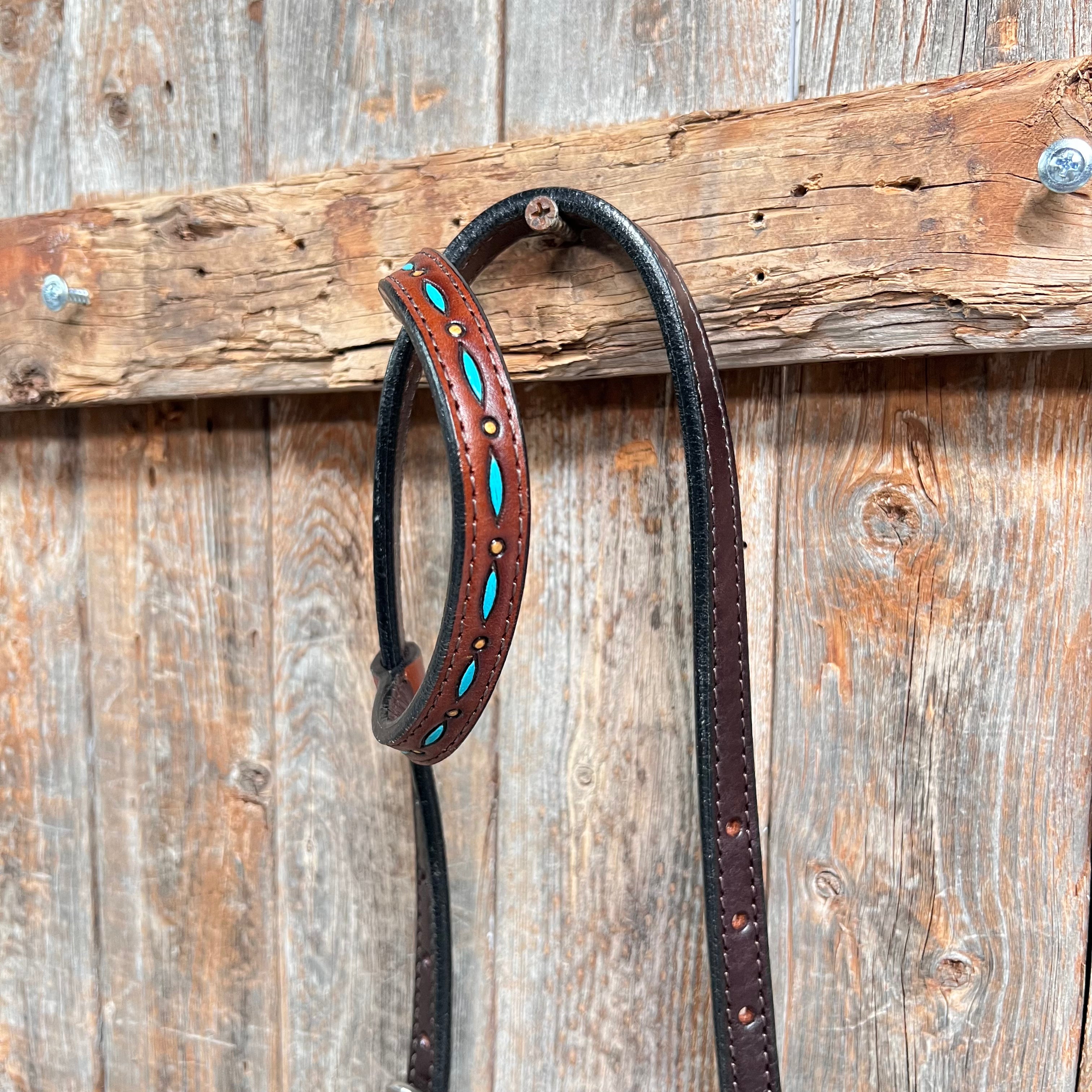 Dark Oil Hand Painted Turquoise Cabochons One Ear and Breastcollar Tack Set #OEBC584