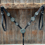 Black Basketweave Checkered and Turquoise Browband | One Ear Tack Set #BBBC523