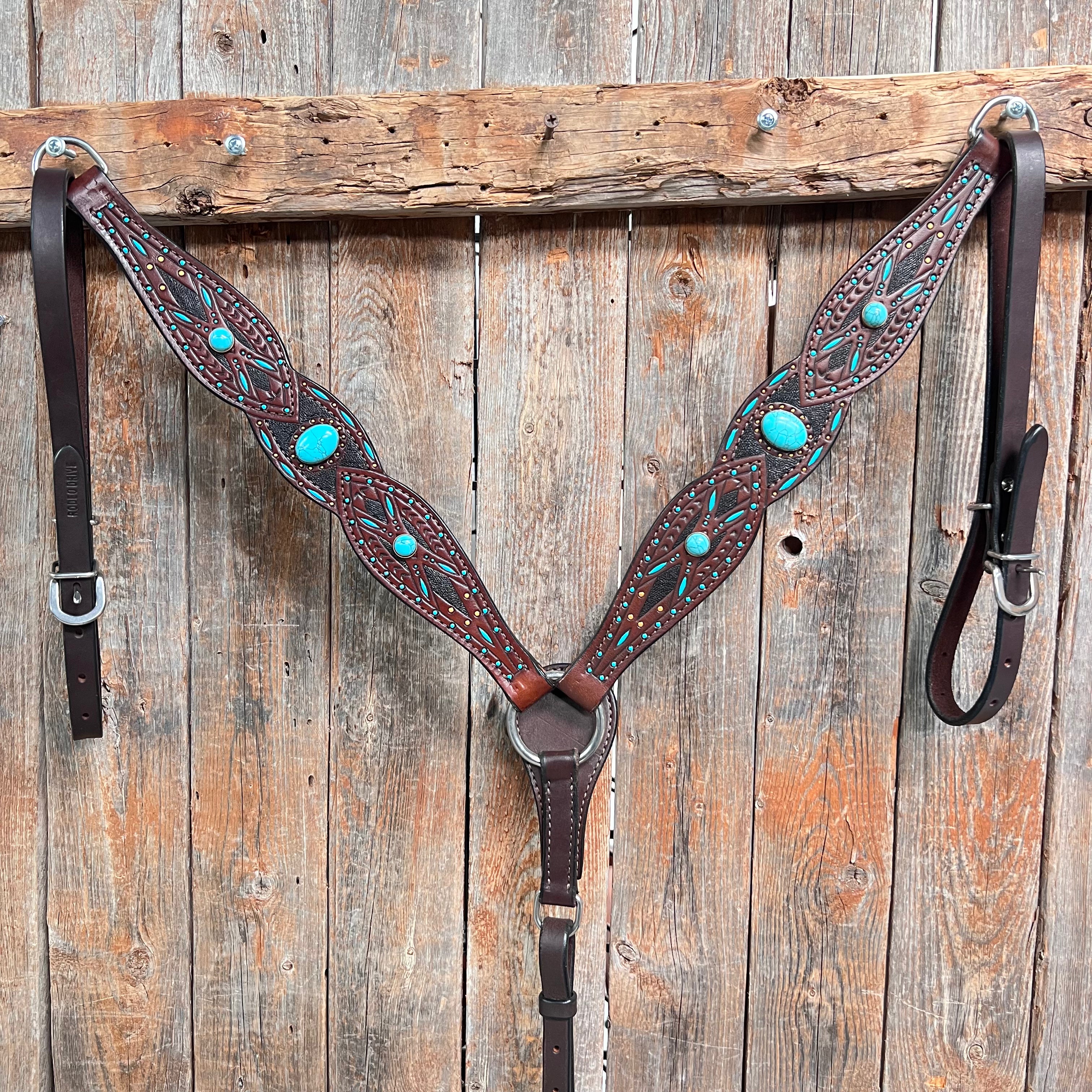 Dark Oil Hand Painted Turquoise Cabochons One Ear and Breastcollar Tack Set #OEBC584