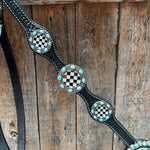 Black Basketweave Checkered and Turquoise Browband | One Ear Tack Set #BBBC523