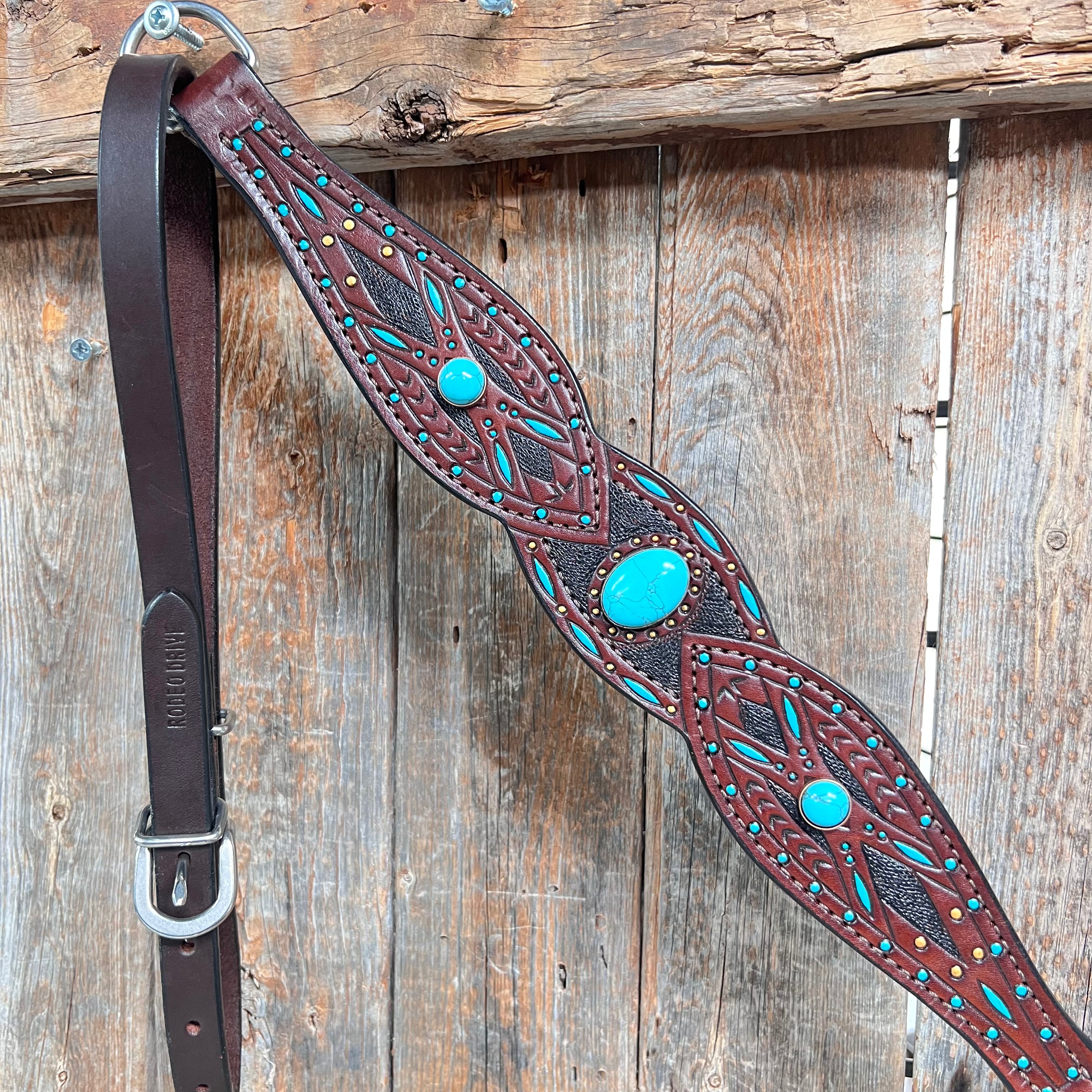 Dark Oil Hand Painted Turquoise Cabochons One Ear and Breastcollar Tack Set #OEBC584