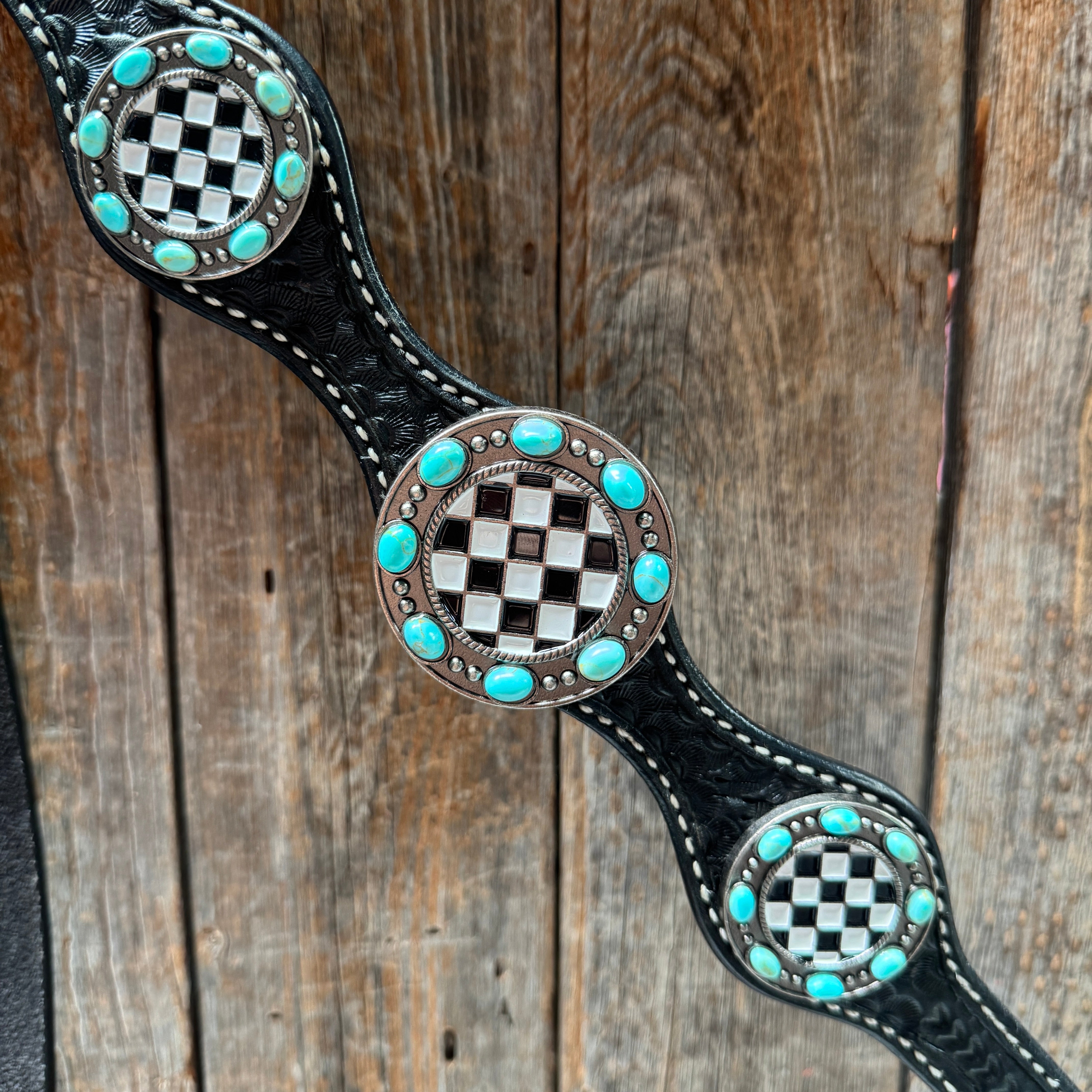 Black Basketweave Checkered and Turquoise Browband | One Ear Tack Set #BBBC523