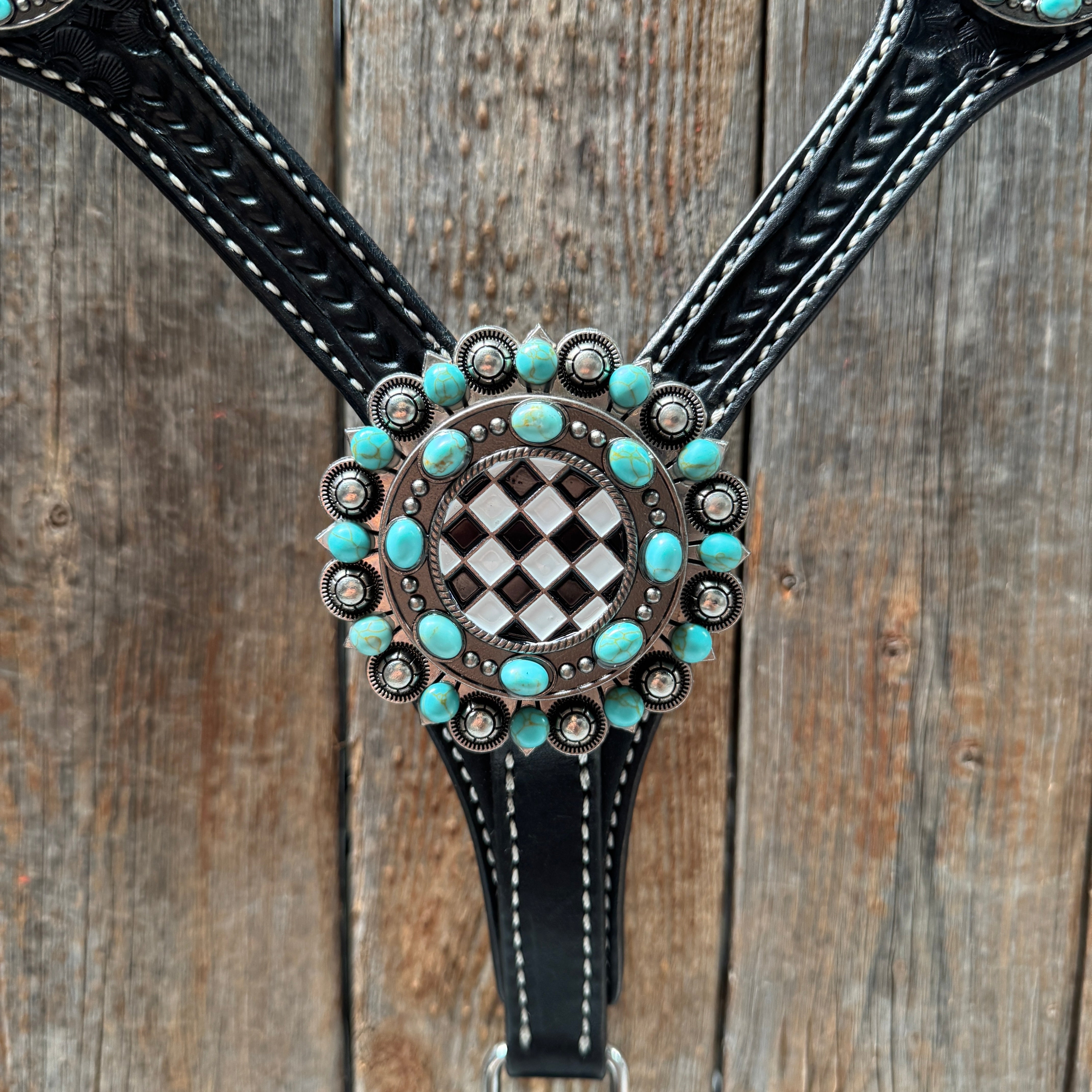 Black Basketweave Checkered and Turquoise Browband | One Ear Tack Set #BBBC523