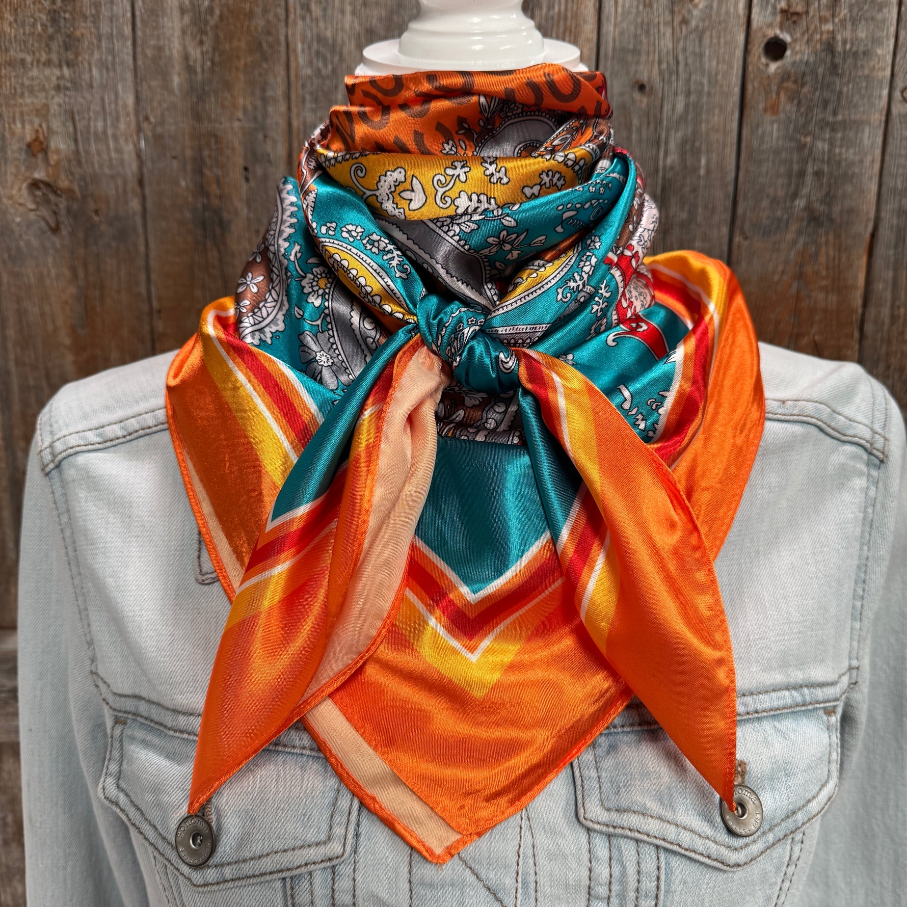 35X35" Orange and Turquoise Horse Shoe Paisley Wild Rag / Scarf WR1033