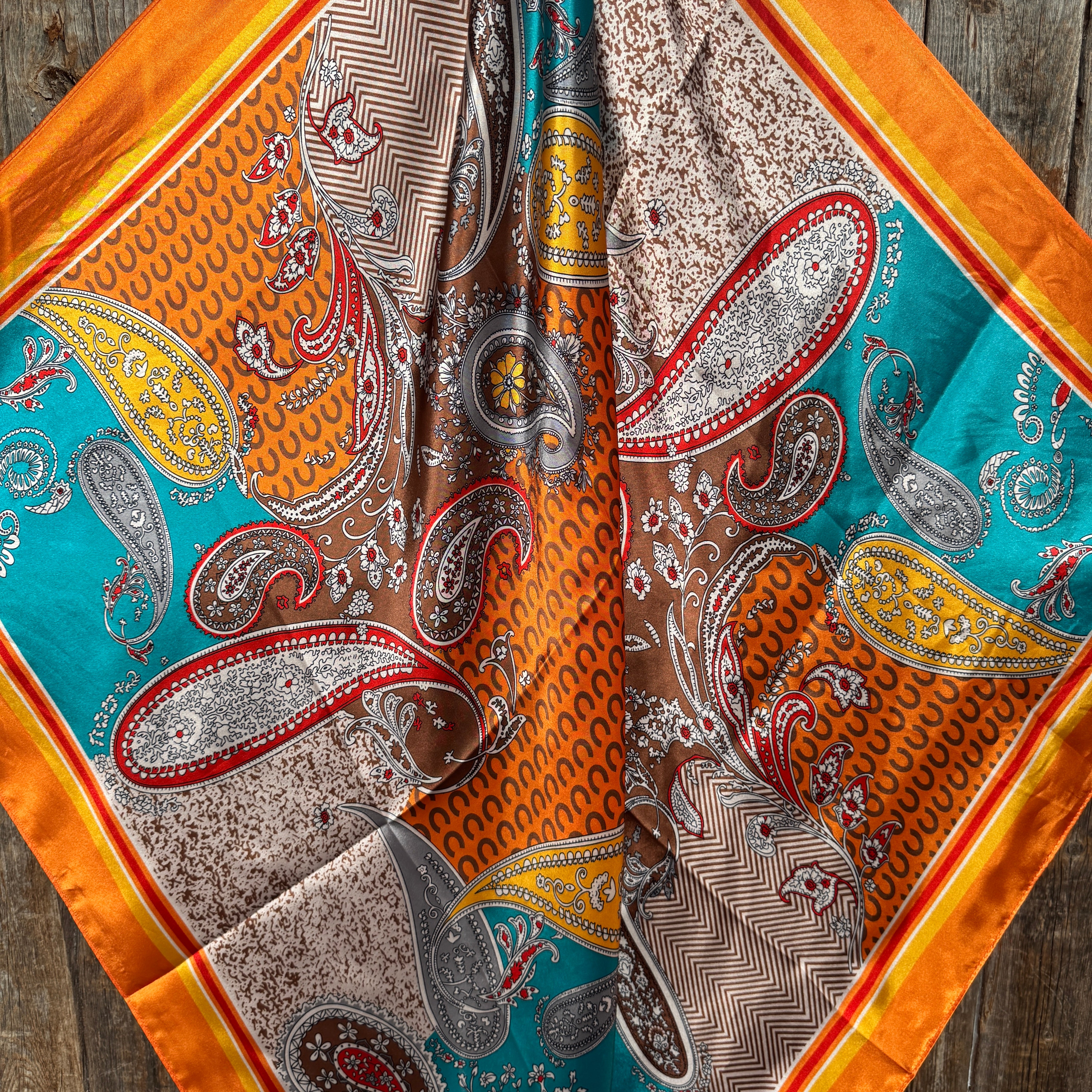 35X35" Orange and Turquoise Horse Shoe Paisley Wild Rag / Scarf WR1033