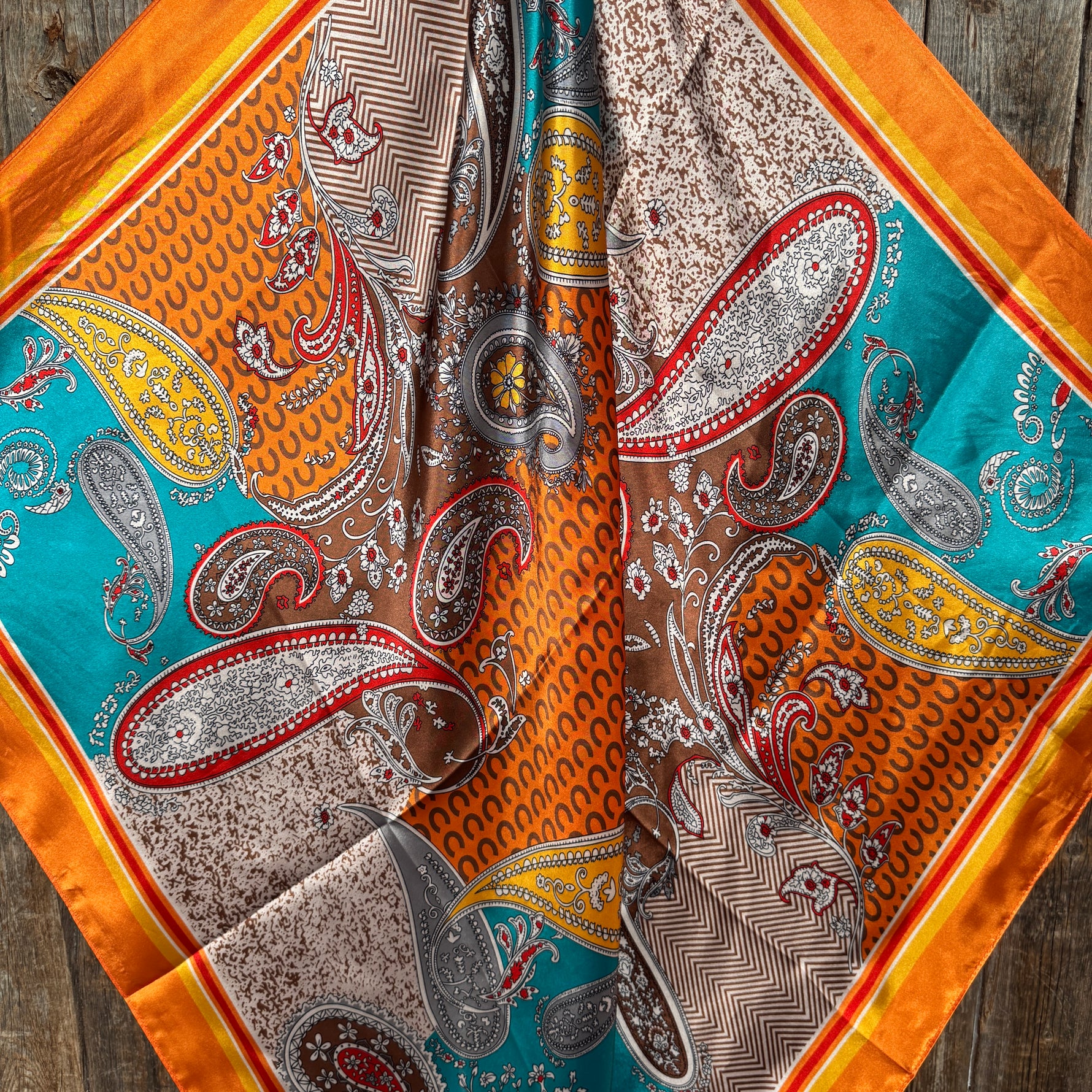 35X35" Orange and Turquoise Horse Shoe Paisley Wild Rag / Scarf WR1033