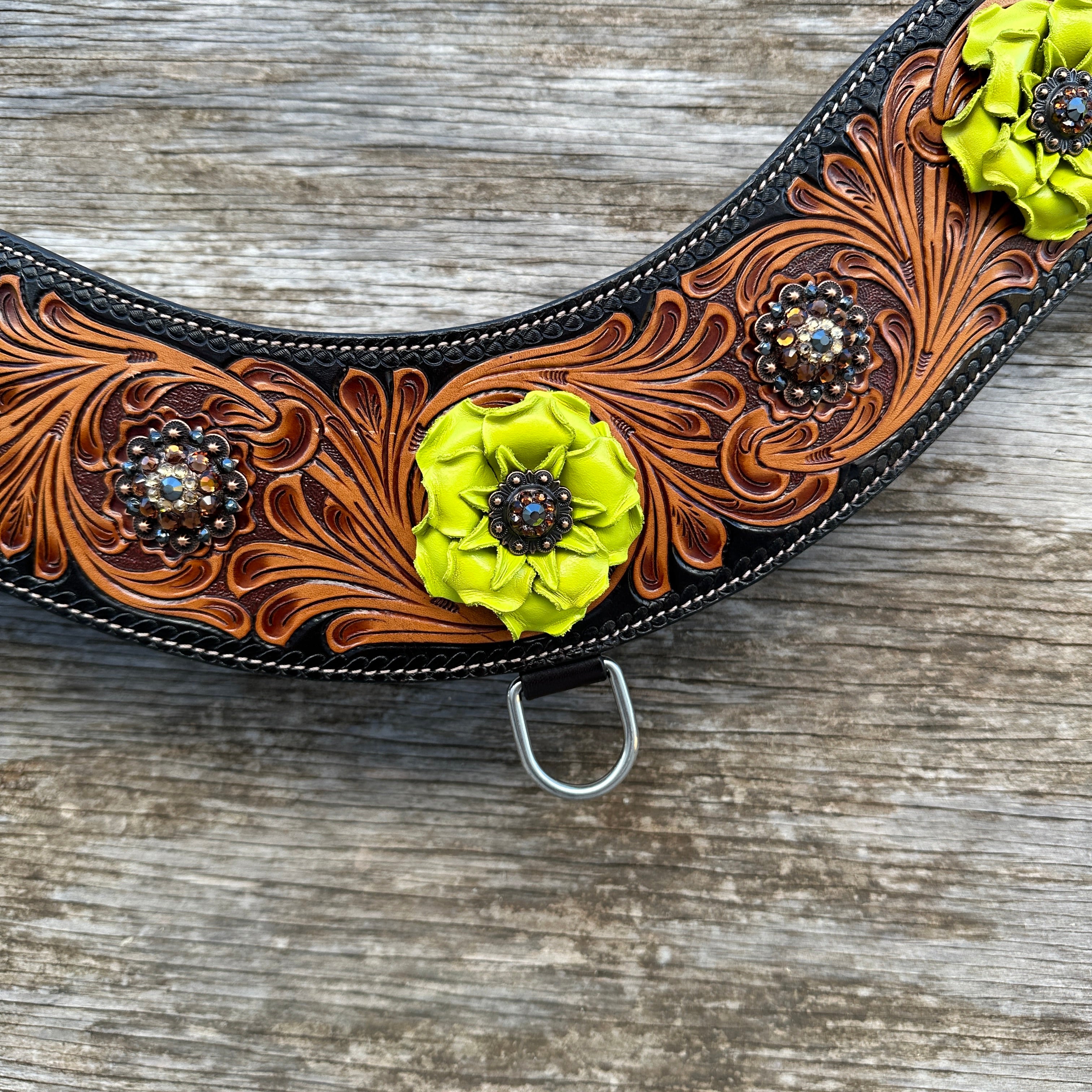 Two Tone Floral Tripping Neon Chartreuse Yellow and Jet One Ear / Breastcollar Tack Set #OEBC569