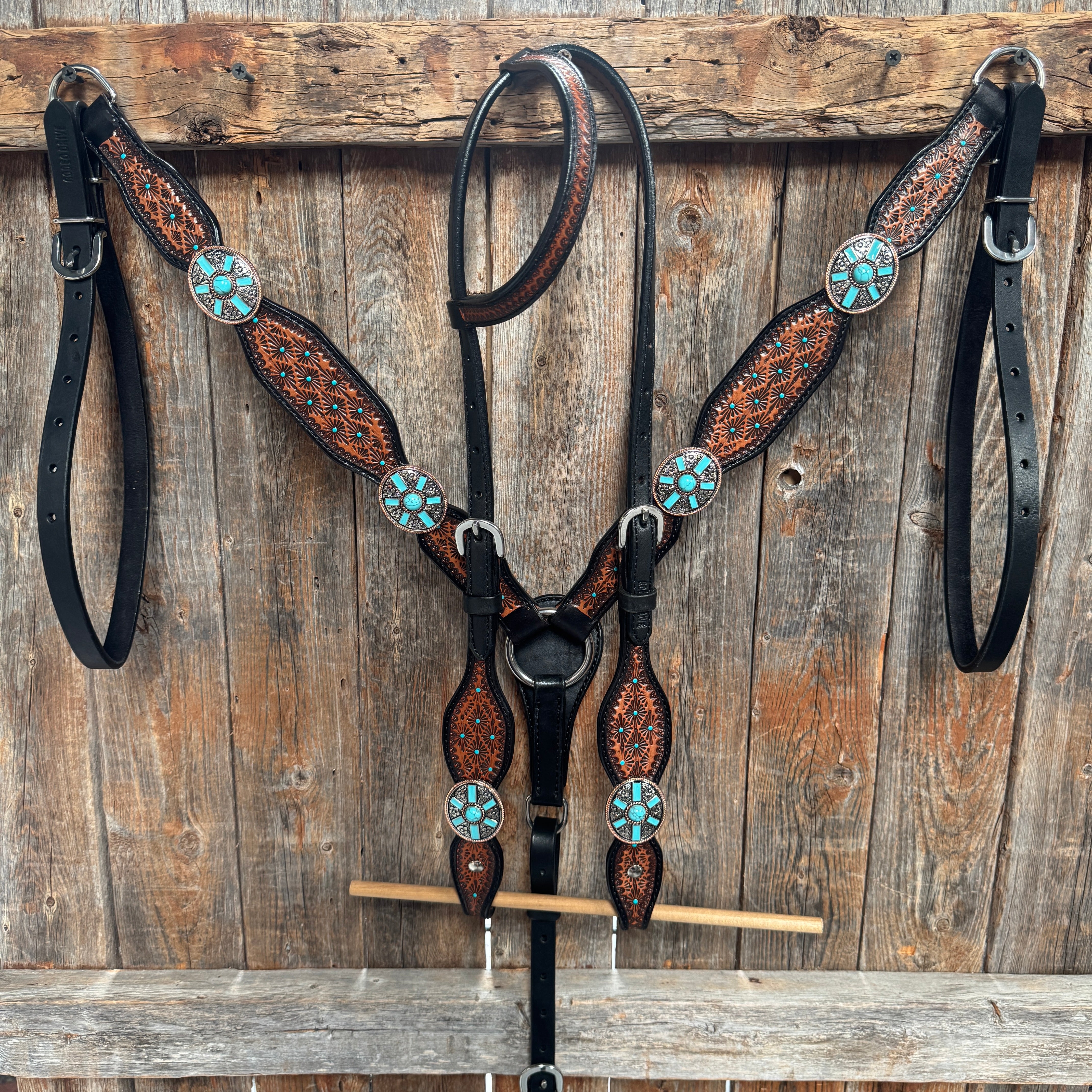 Teal Diamond and Turquoise Browband | One Ear Tack Set #BBBC521
