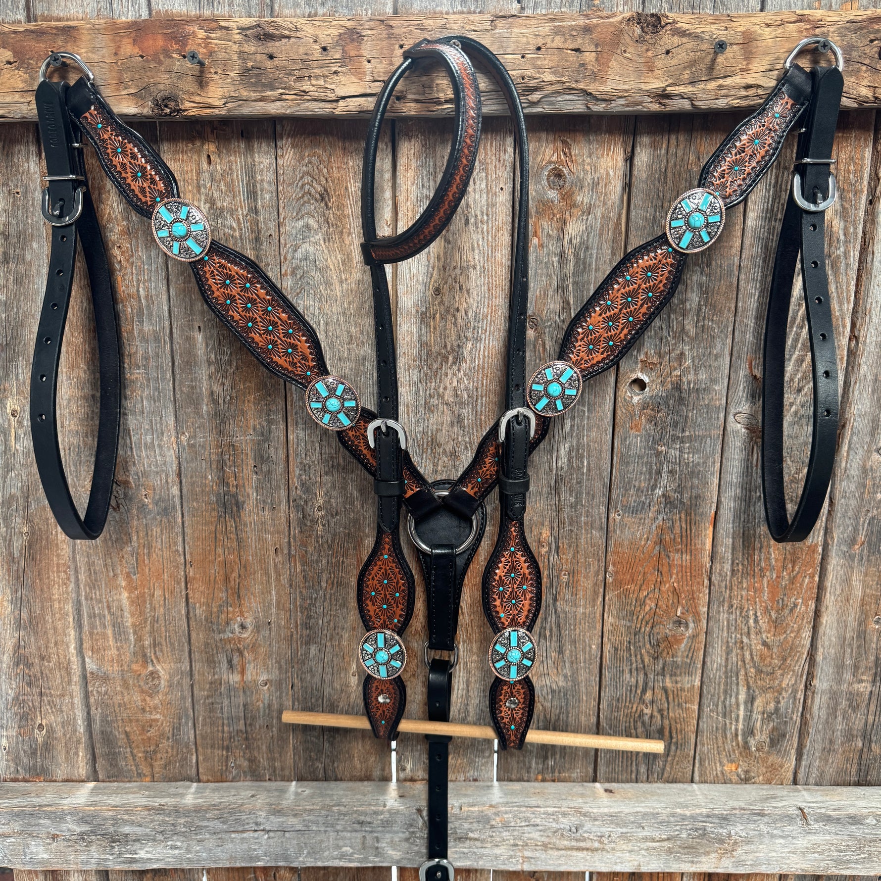 Teal Diamond and Turquoise Browband | One Ear Tack Set #BBBC521