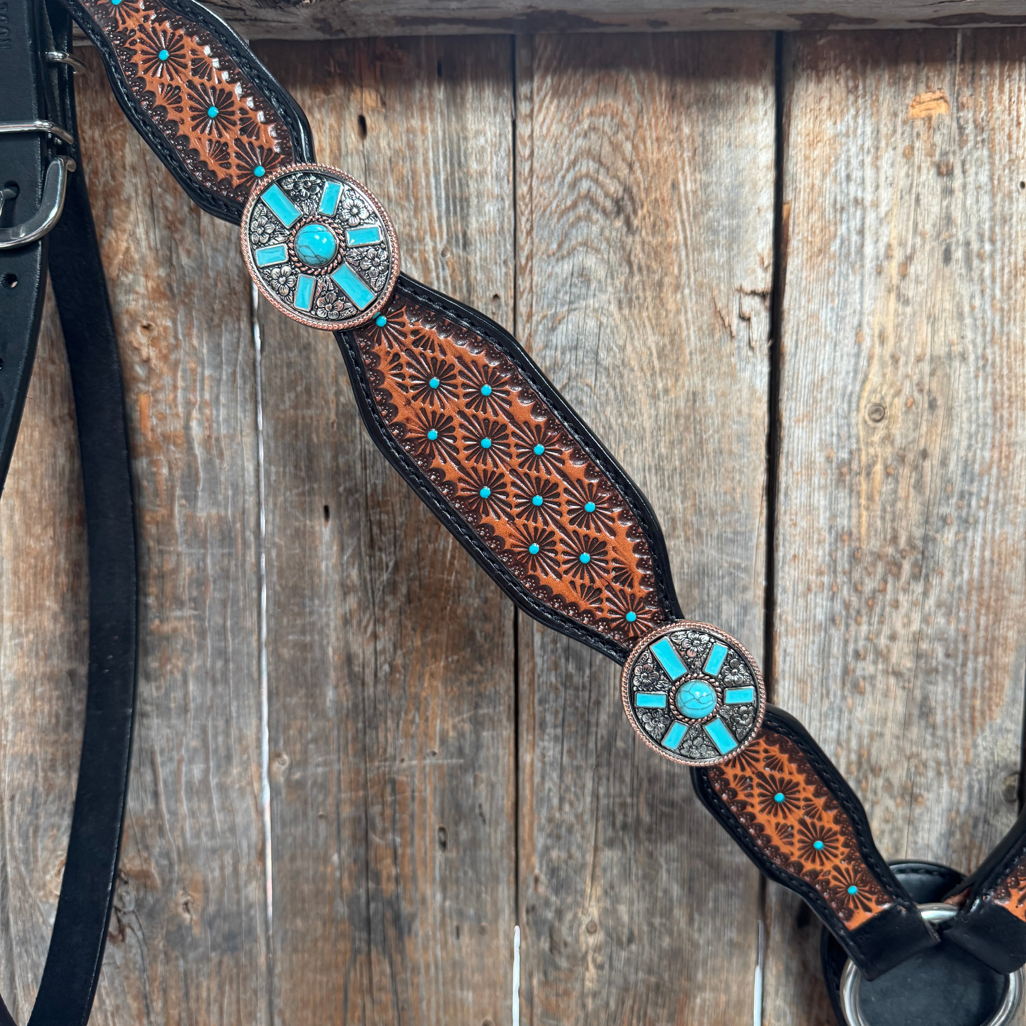 Teal Diamond and Turquoise Browband | One Ear Tack Set #BBBC521