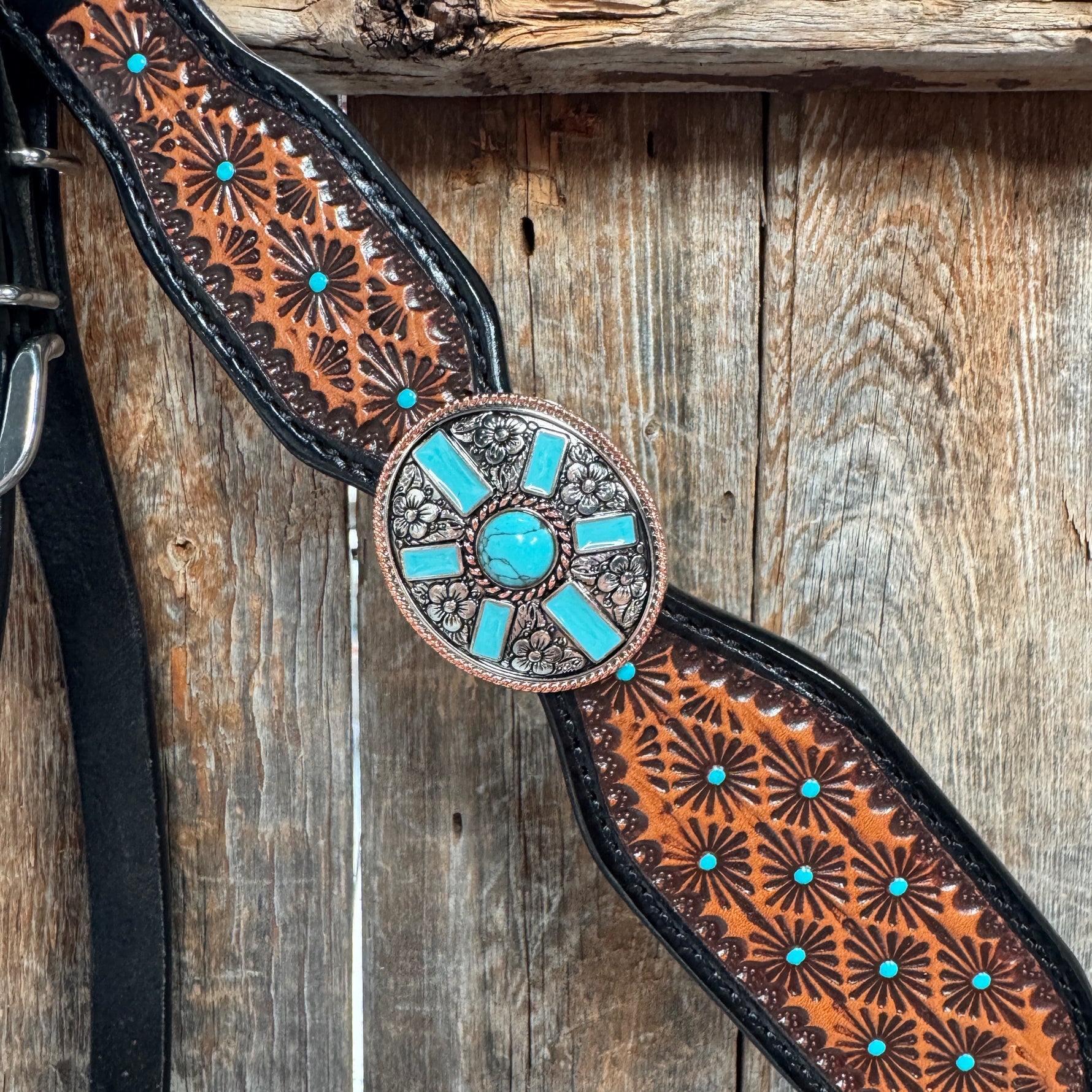 Teal Diamond and Turquoise Browband | One Ear Tack Set #BBBC521