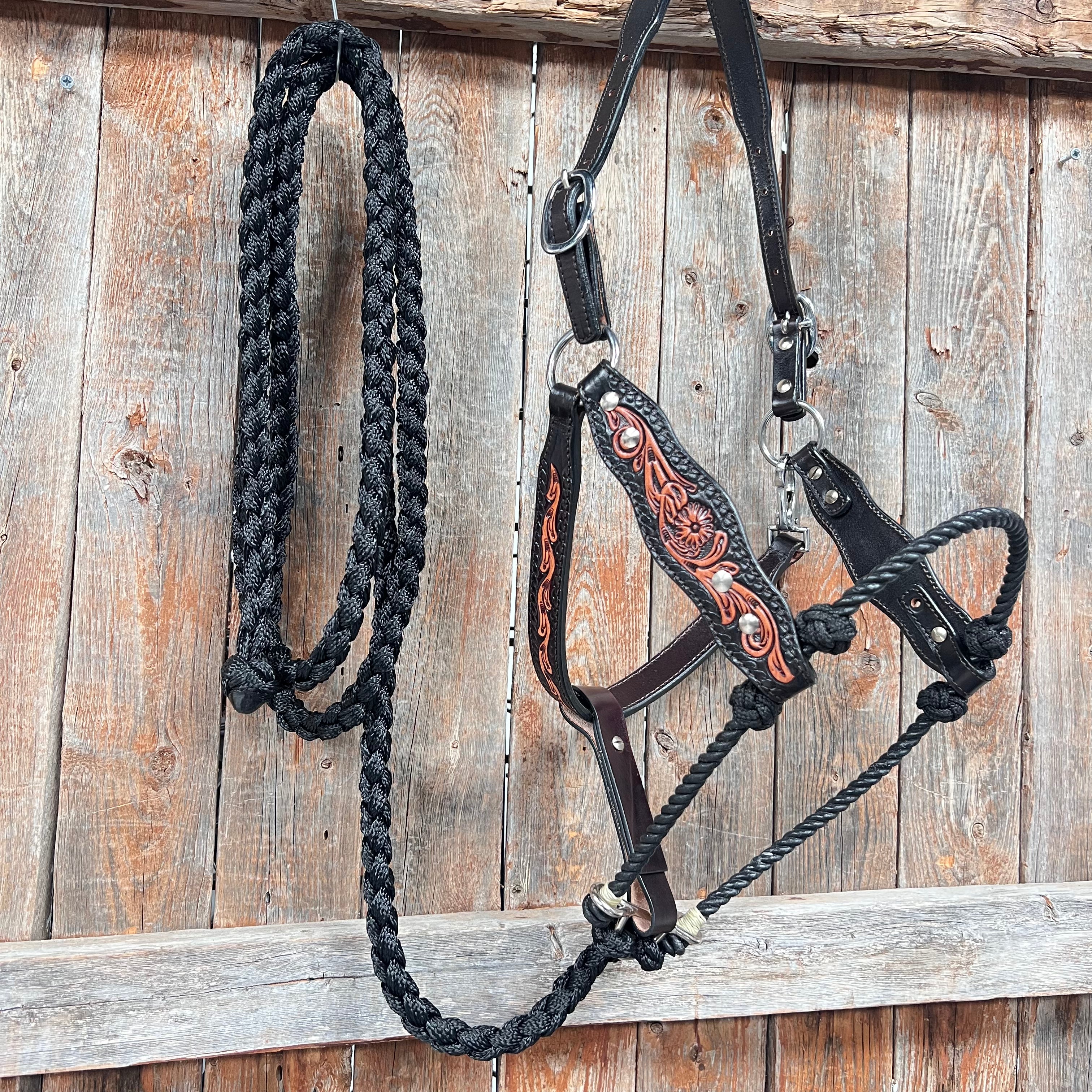 Black Floral Tooled Lariat & Leather Combo Halter