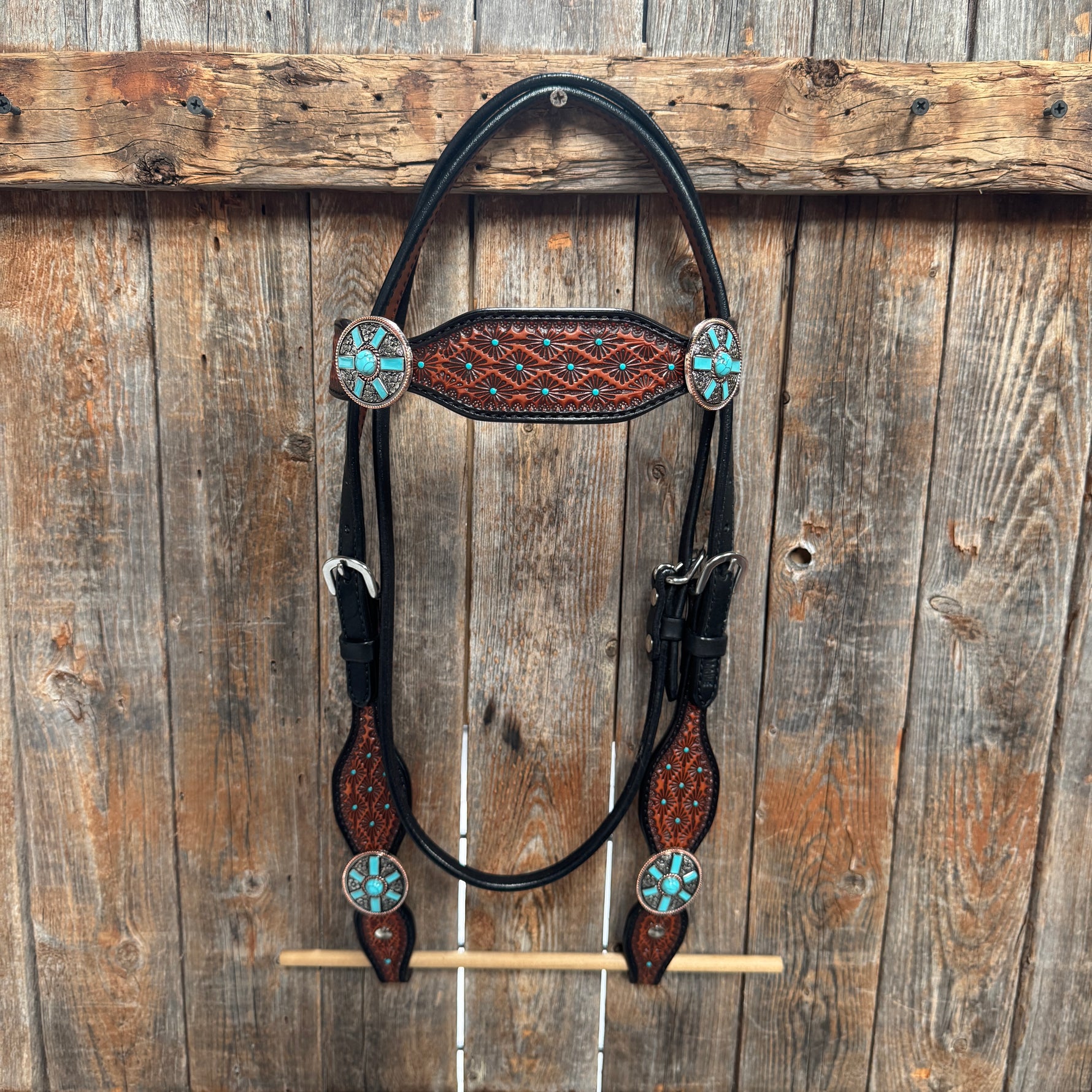 Teal Diamond and Turquoise Browband | One Ear Tack Set #BBBC521