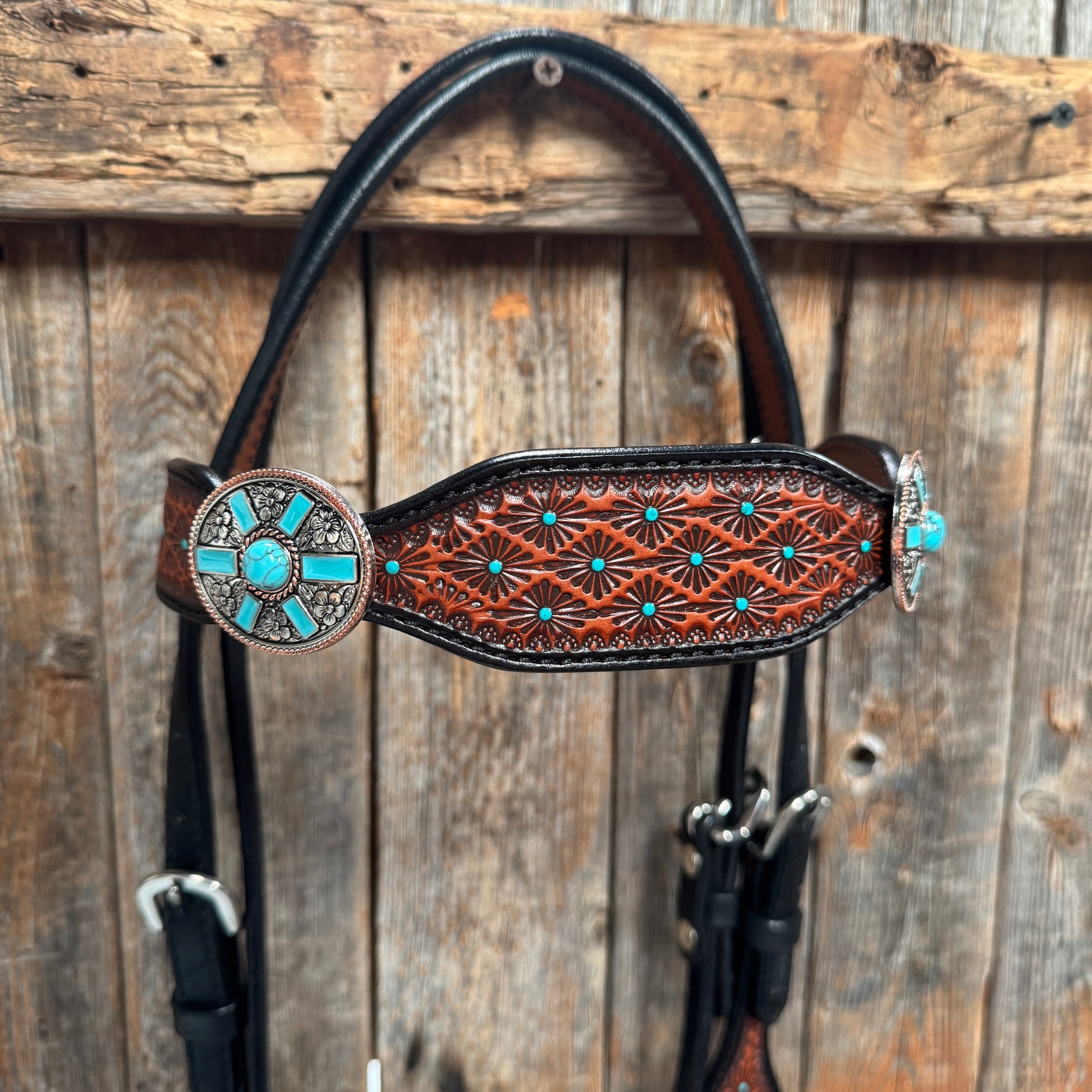 Teal Diamond and Turquoise Browband | One Ear Tack Set #BBBC521
