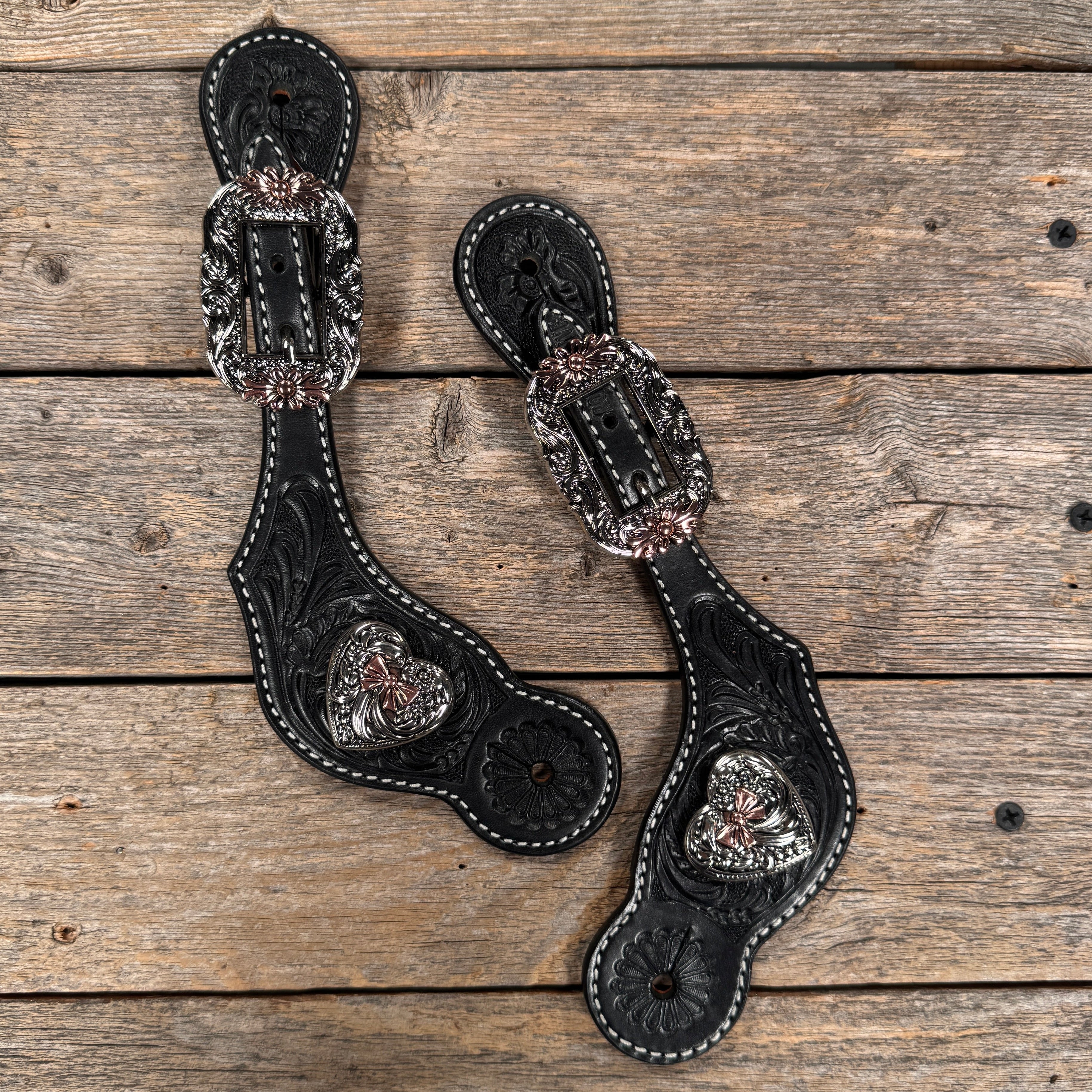 Black Floral Spur Straps | Antique Silver and Copper Hearts #SS144