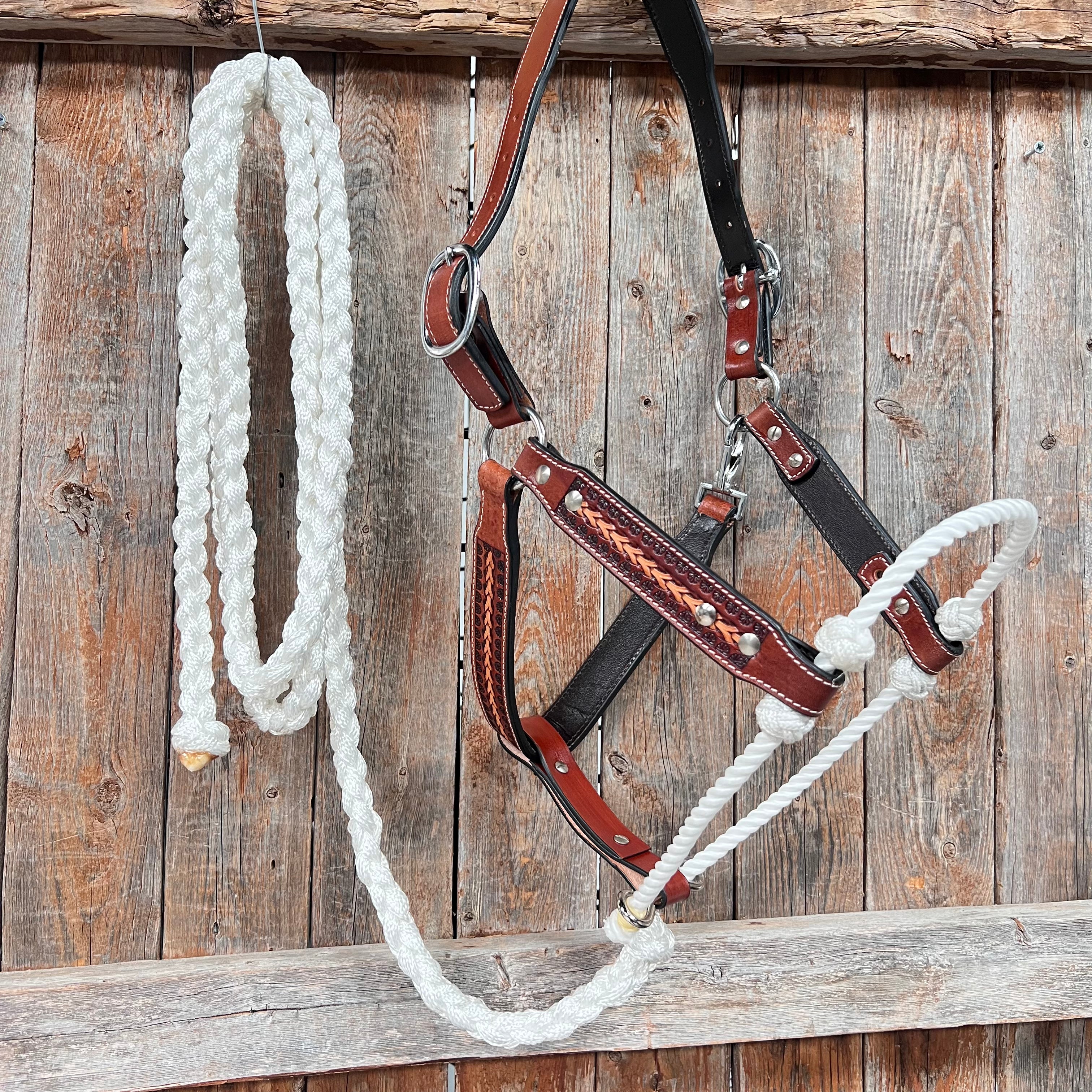 White Fox Tail Tooled Lariat & Leather Combo Halter