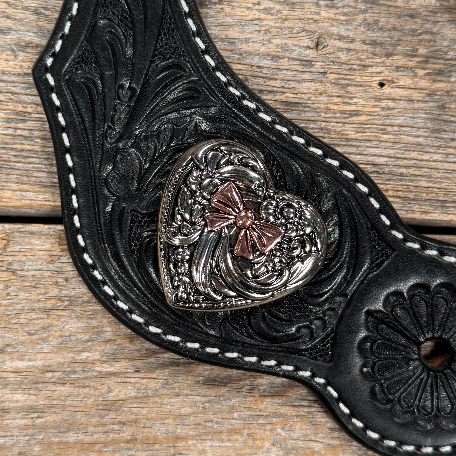 Black Floral Spur Straps | Antique Silver and Copper Hearts #SS144