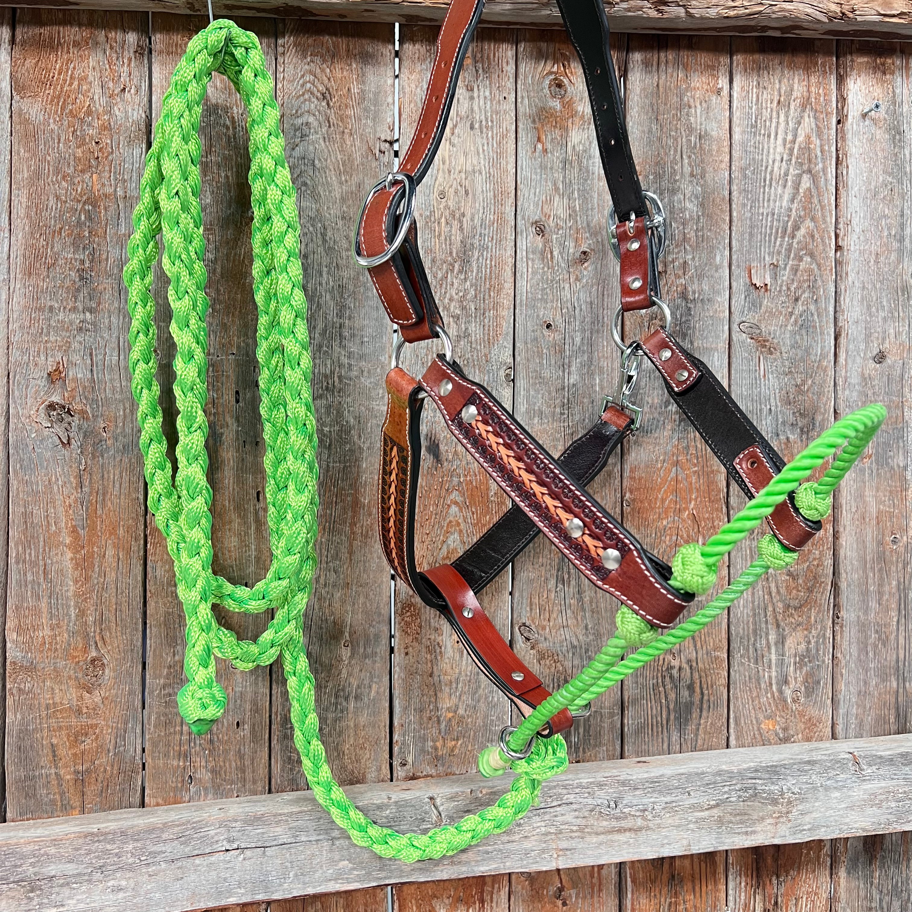 Neon Green Fox Tail Tooled Lariat & Leather Combo Halter