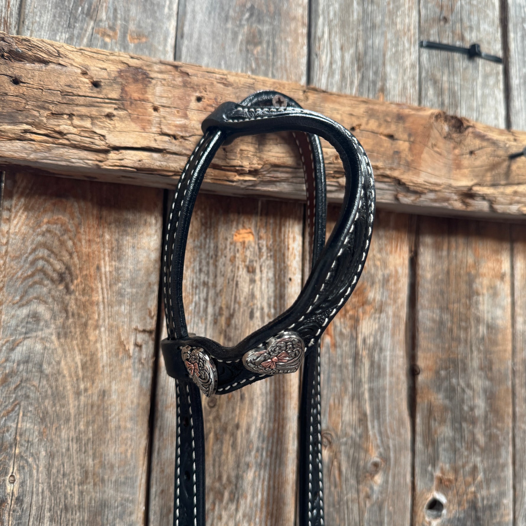 Black Floral Antique Silver and Copper Heart Browband | One Ear Tack Set #BBBC515