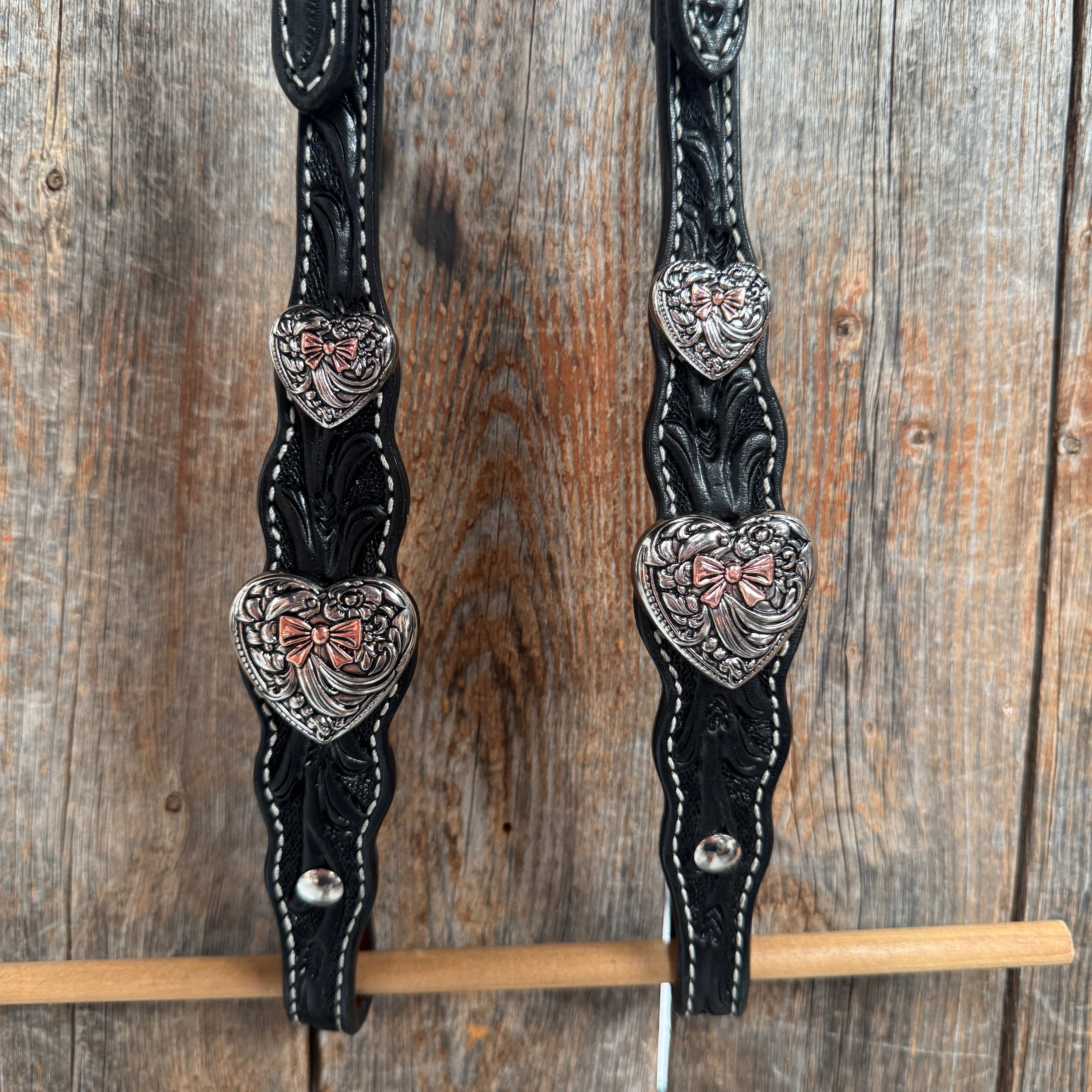 Black Floral Antique Silver and Copper Heart Browband | One Ear Tack Set #BBBC515
