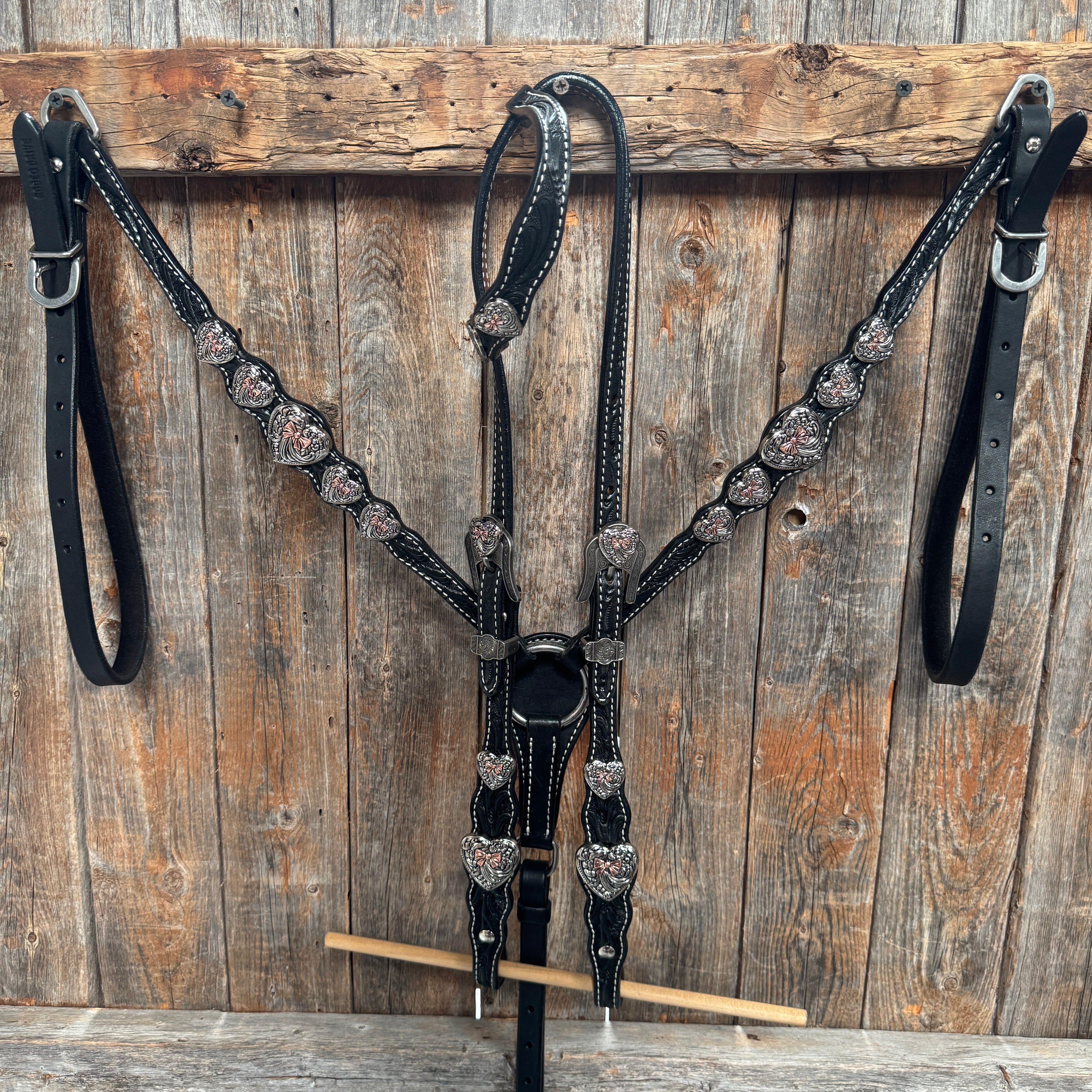Black Floral Antique Silver and Copper Heart Browband | One Ear Tack Set #BBBC515