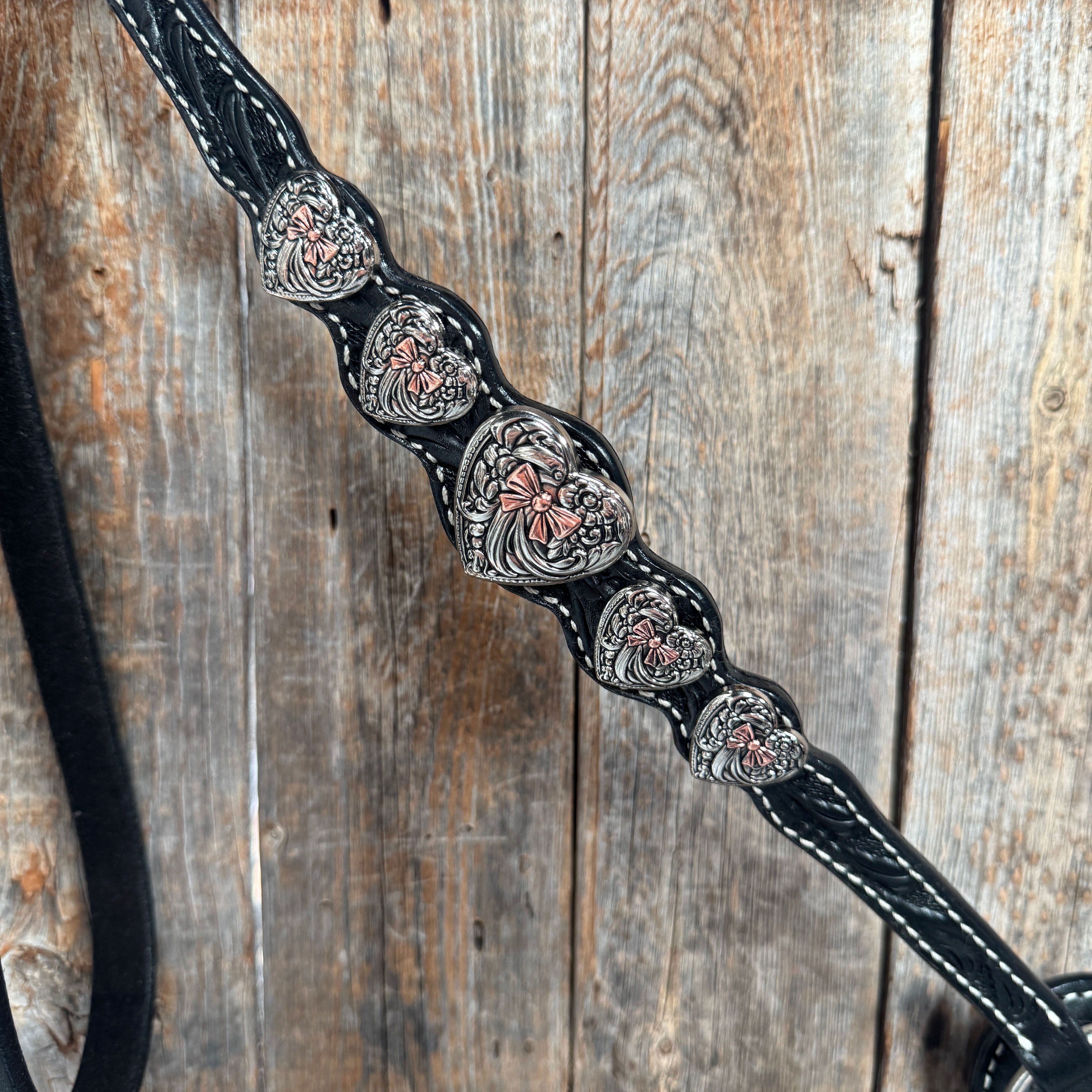 Black Floral Antique Silver and Copper Heart Browband | One Ear Tack Set #BBBC515