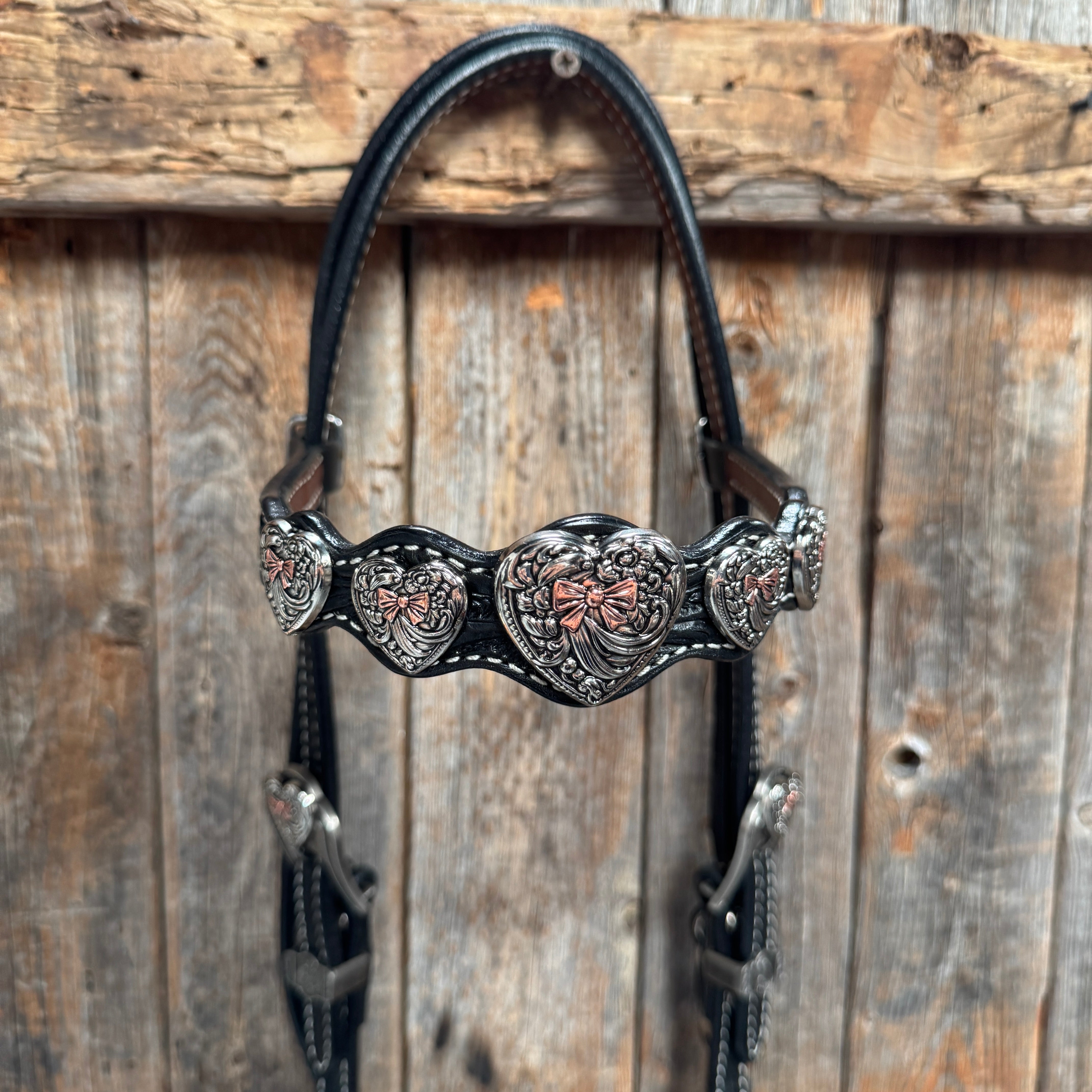 Black Floral Antique Silver and Copper Heart Browband | One Ear Tack Set #BBBC515