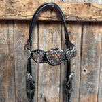 Black Floral Antique Silver and Copper Heart Browband | One Ear Tack Set #BBBC515