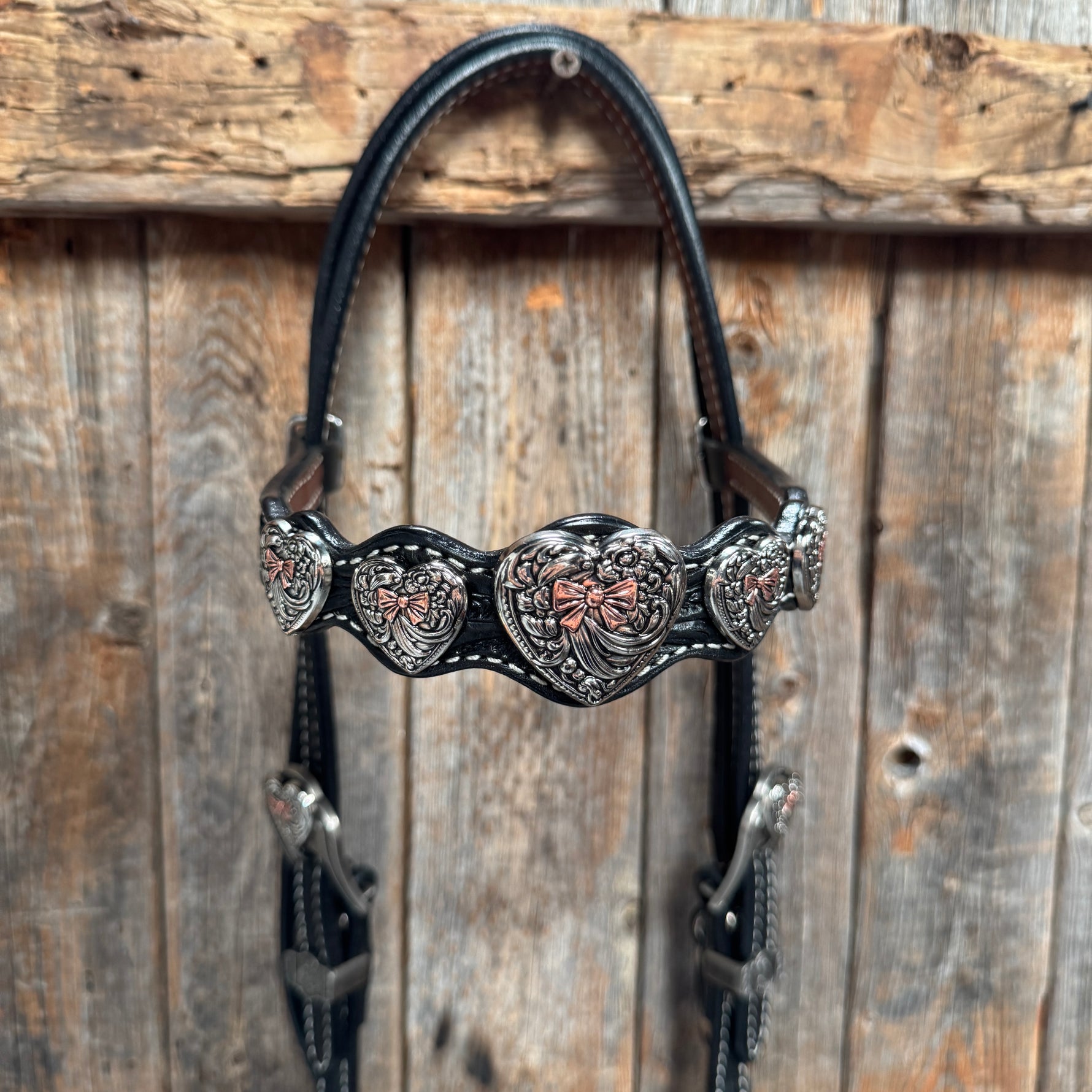 Black Floral Antique Silver and Copper Heart Browband | One Ear Tack Set #BBBC515