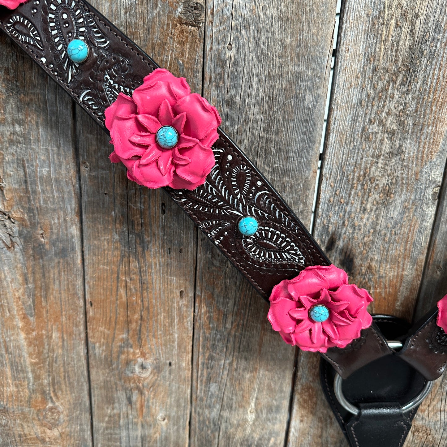 Hand Painted Paisley Neon Pink & Turquoise One Ear/ Breastcollar Tack Set #OEBC571