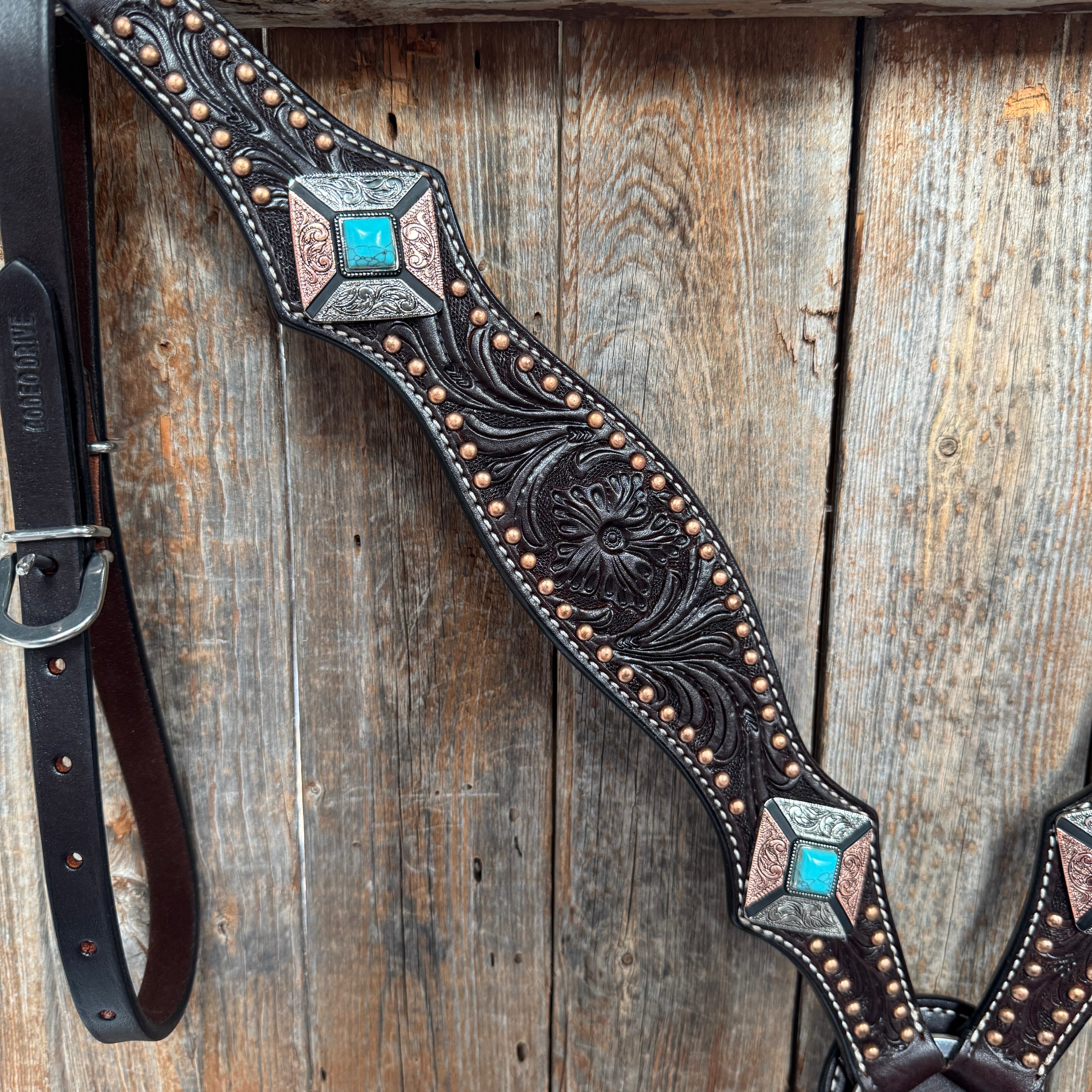 Dark Oil Copper and Antique Silver Browband | One Ear Tack Set #BBBC514