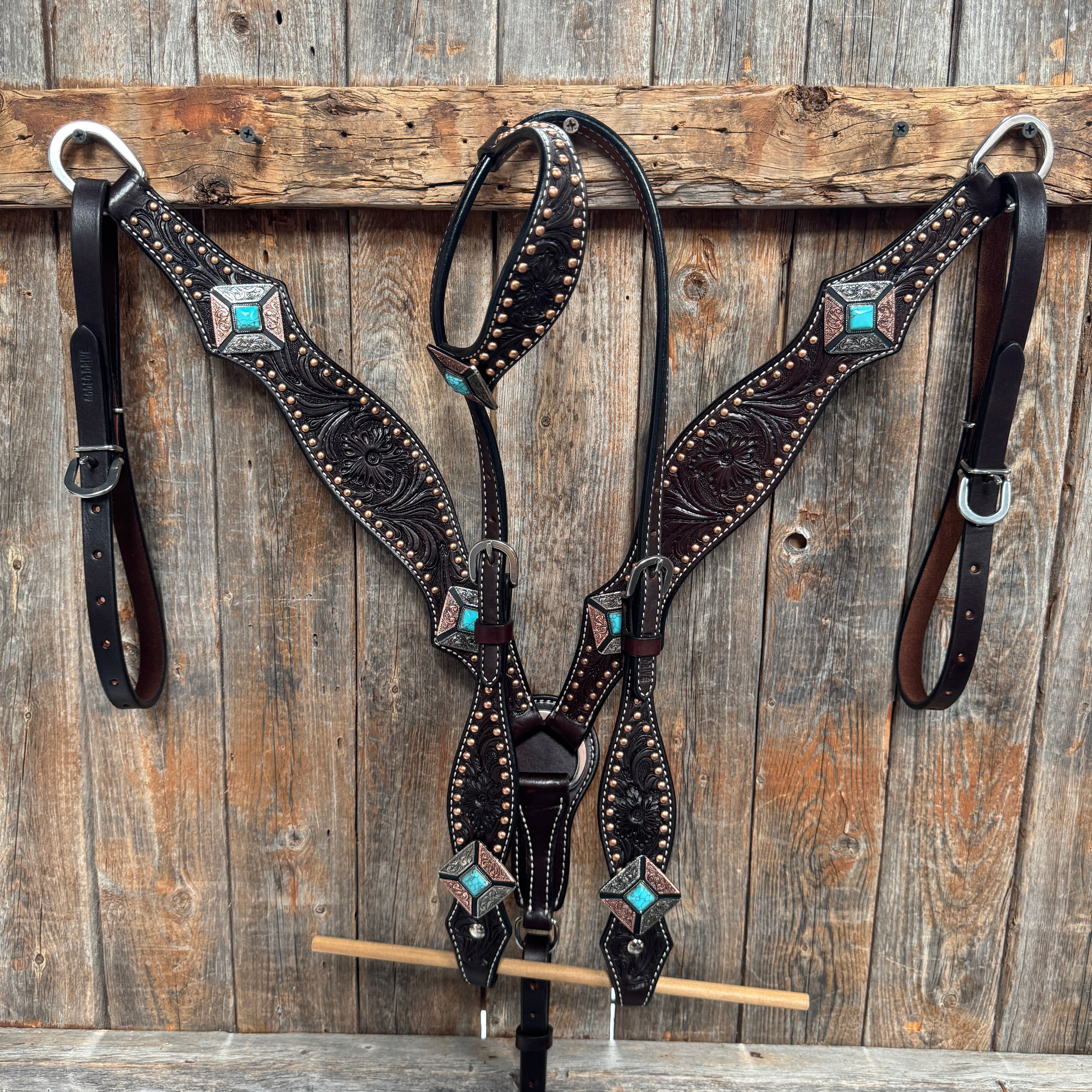 Dark Oil Copper and Antique Silver Browband | One Ear Tack Set #BBBC514