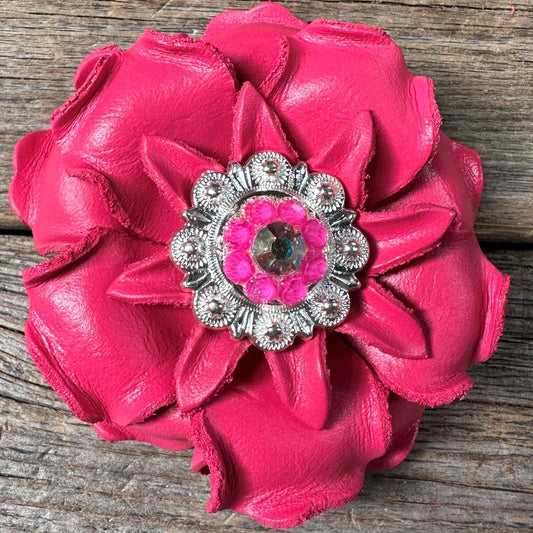 Neon Pink Gardenia Flower With Bright Silver Neon Pink & AB 1" Concho
