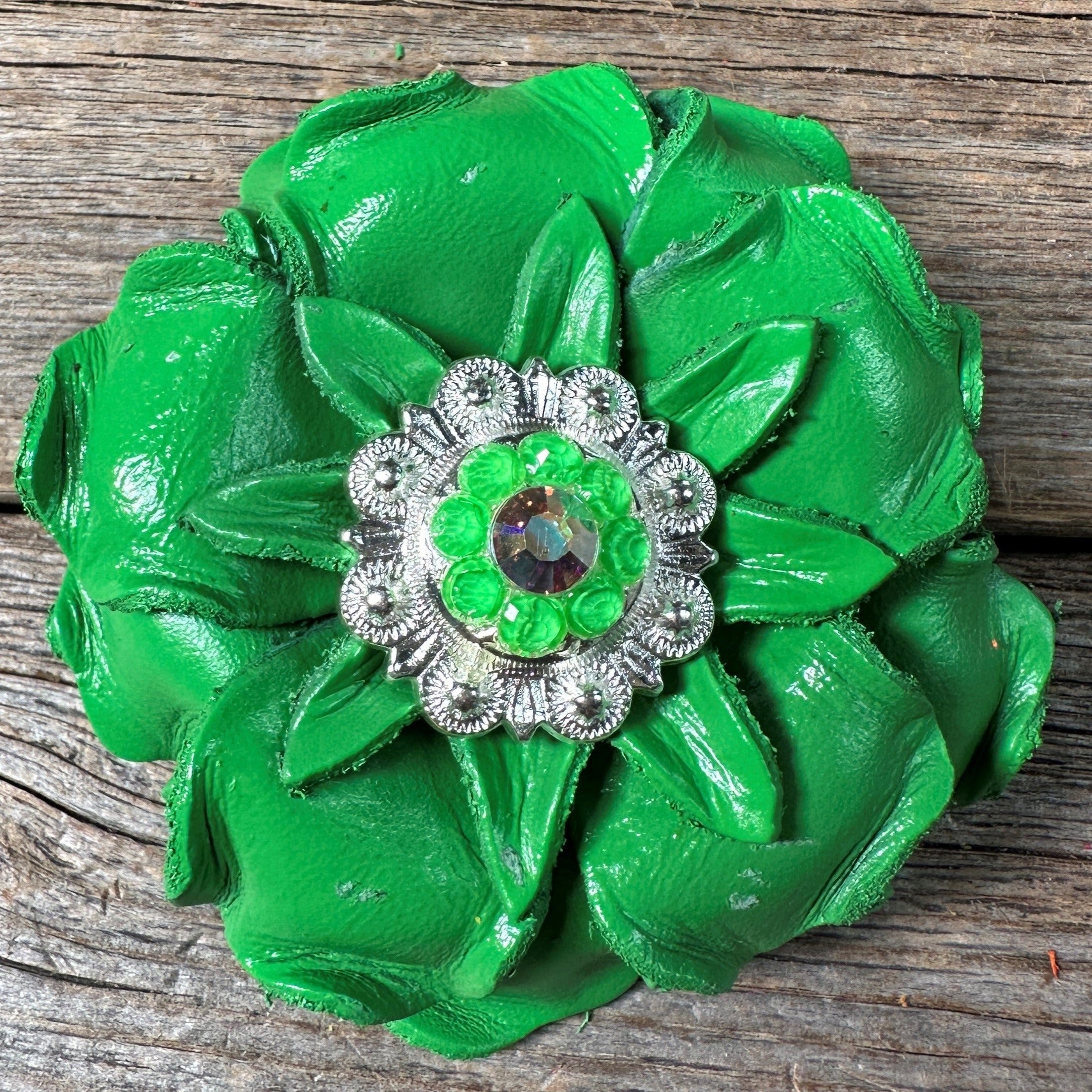 Neon Green Gardenia Flower With Bright Silver Neon Green & AB 1" Concho