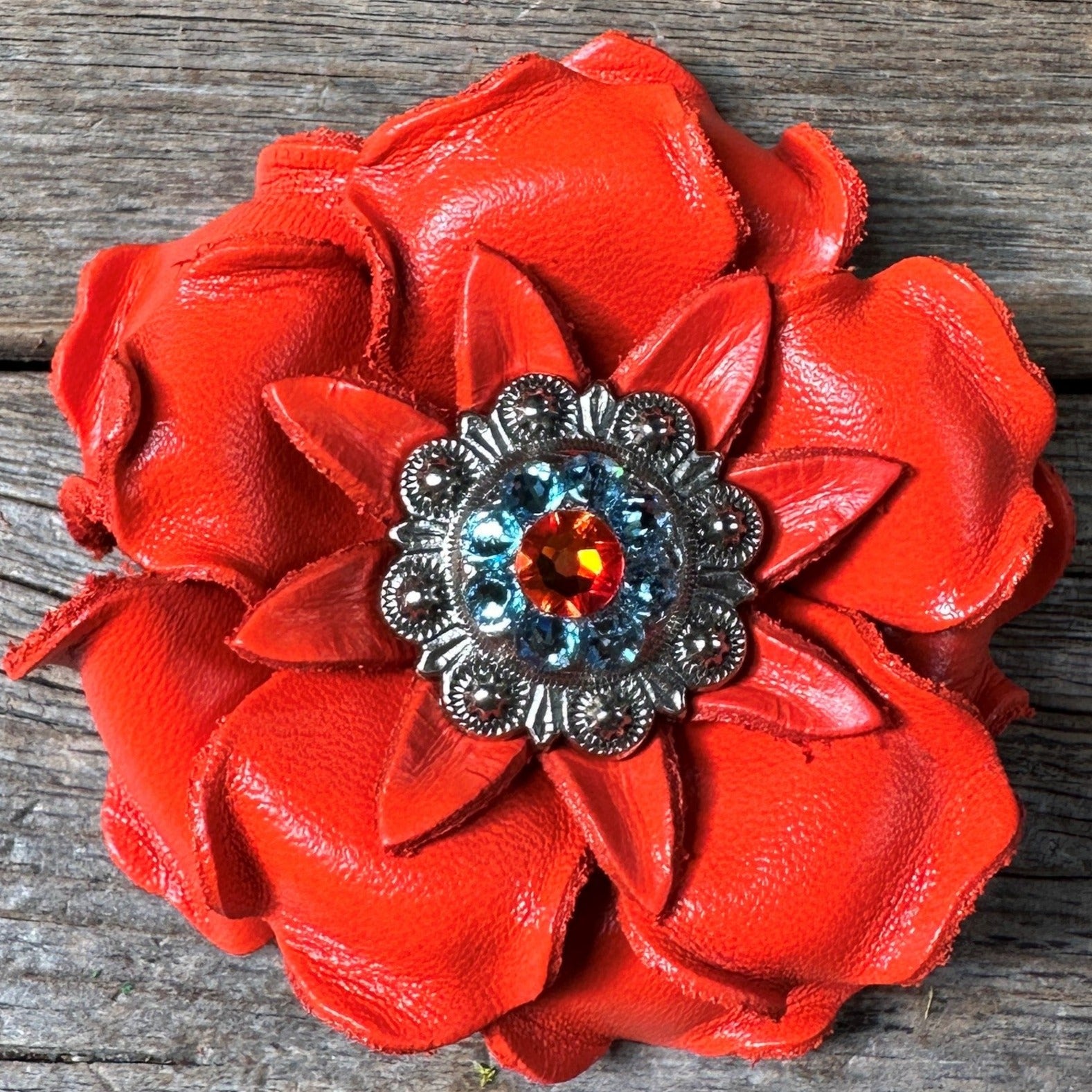 Neon Orange Gardenia Flower With Antique Silver Fire Opal & Aqua 1" Concho