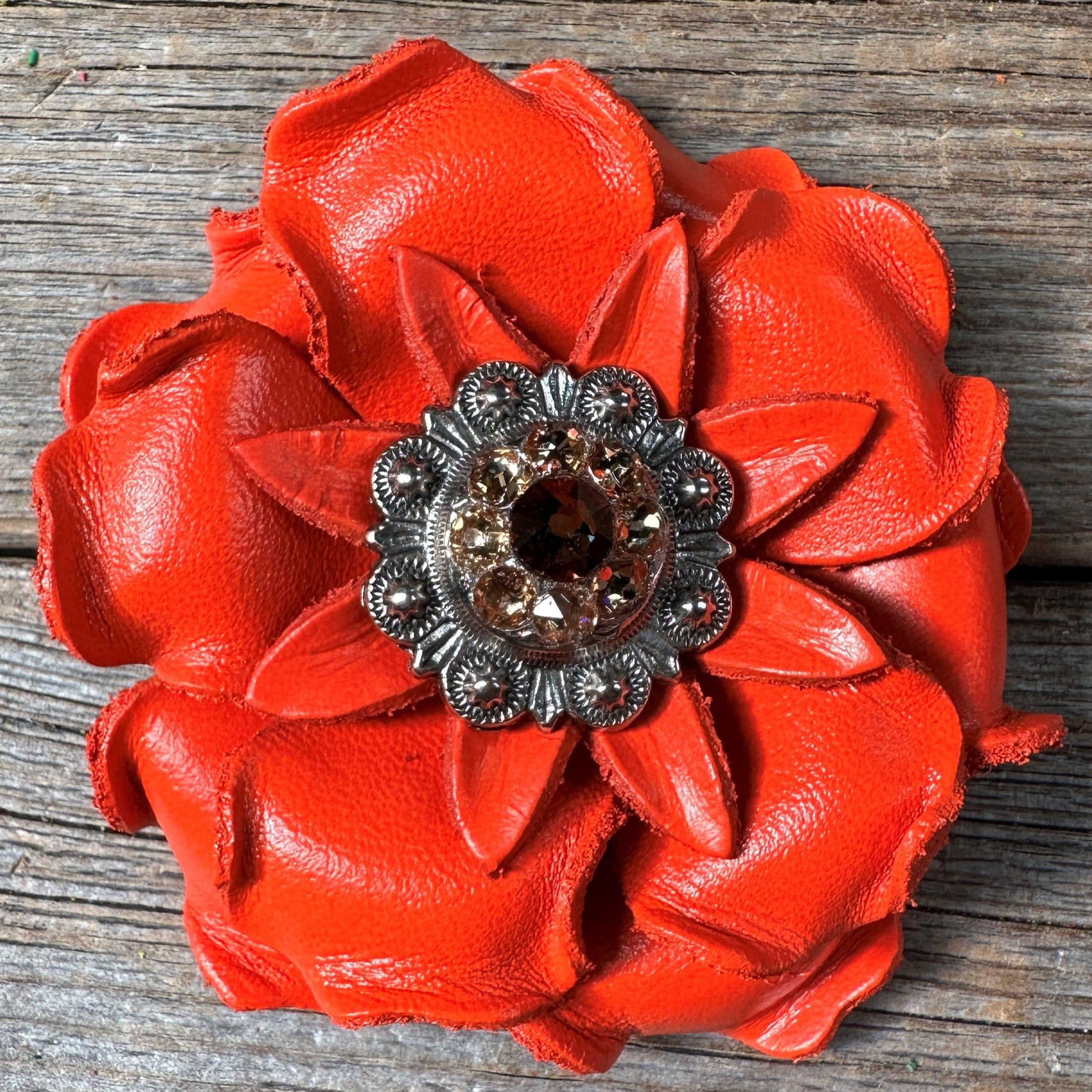 Neon Orange Gardenia Flower With Antique Silver Topaz & Champagne 1" Concho