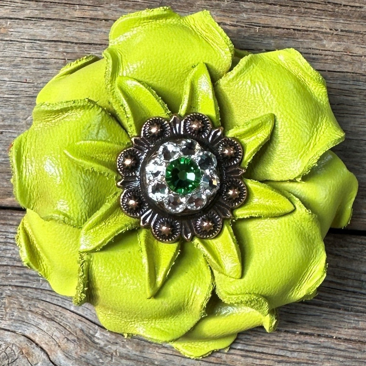 Neon Lime Gardenia Flower With Copper Fern & Clear 1" Concho