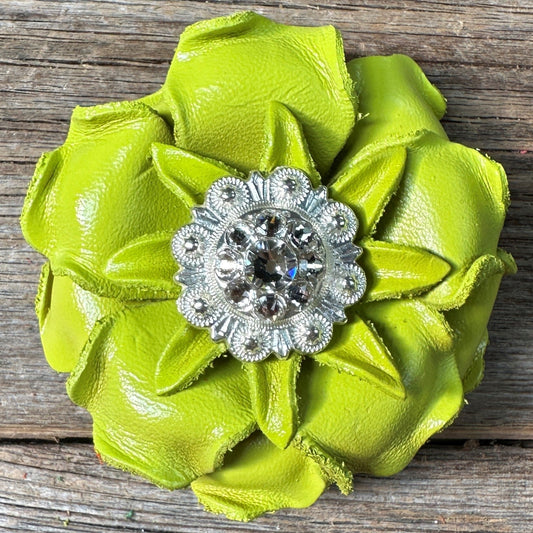 Neon Chartreuse  Yellow Gardenia Flower With Bright Silver Clear 1" Concho