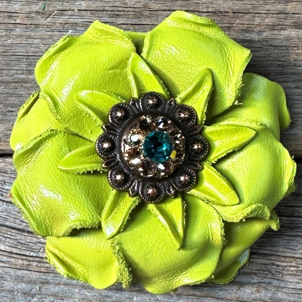 Neon Chartreuse Yellow Gardenia Flower With Copper Teal & Champagne 1" Concho