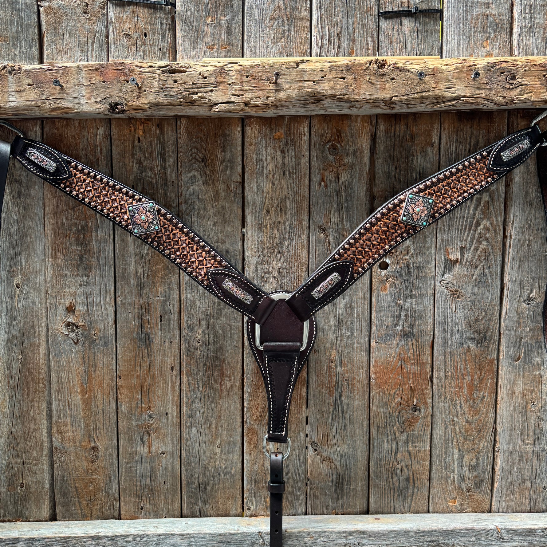 Two Tone Honeycomb Antique Silver and Copper Western Browband | One Ear Tack Set #BBBC513