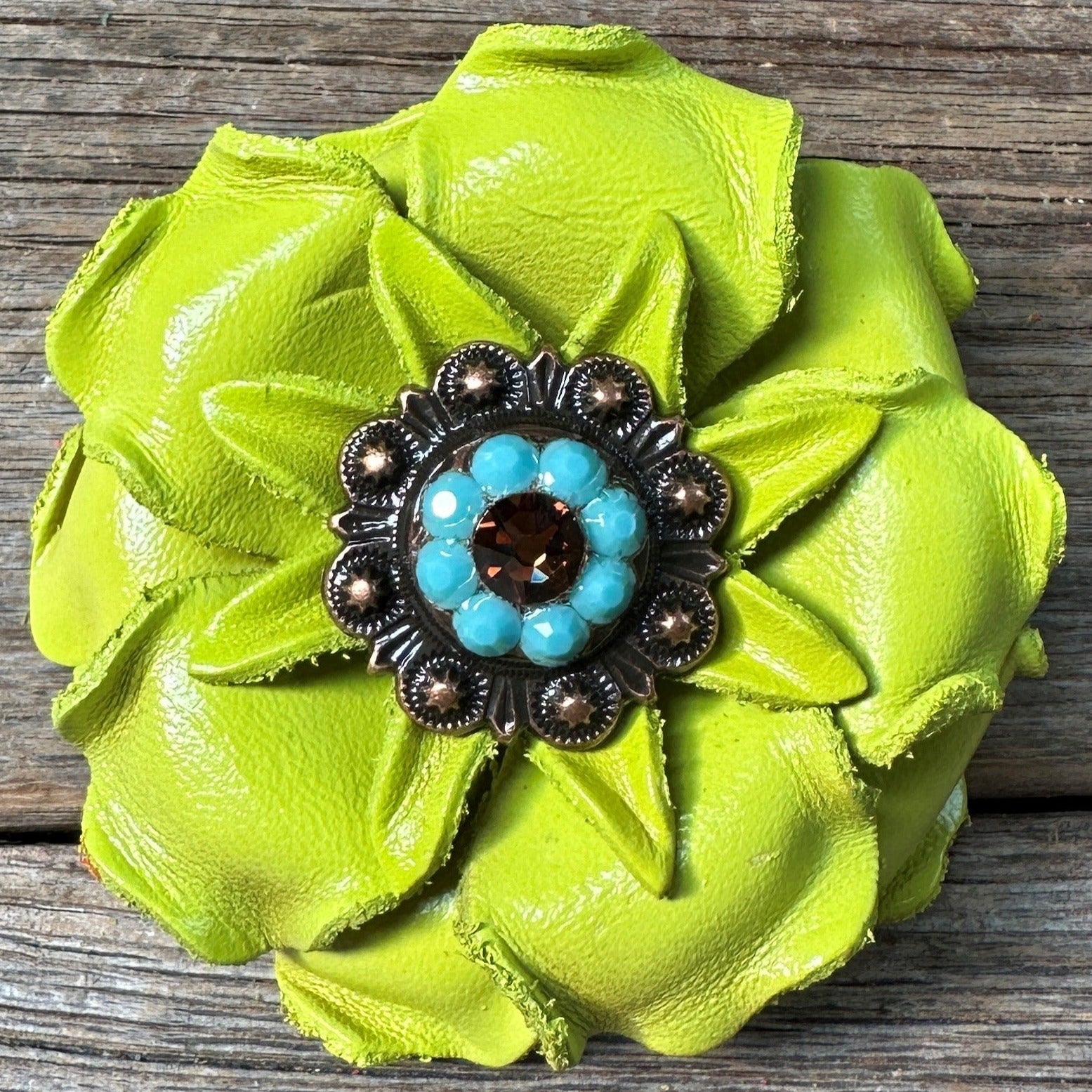 Neon Chartreuse Yellow Gardenia Flower With Copper Topaz & Turquoise 1