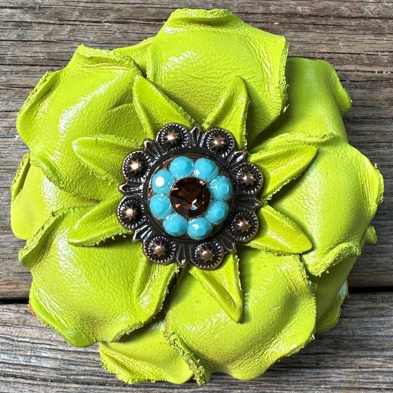 Neon Lime Gardenia Flower With Copper Topaz & Turquoise 1" Concho