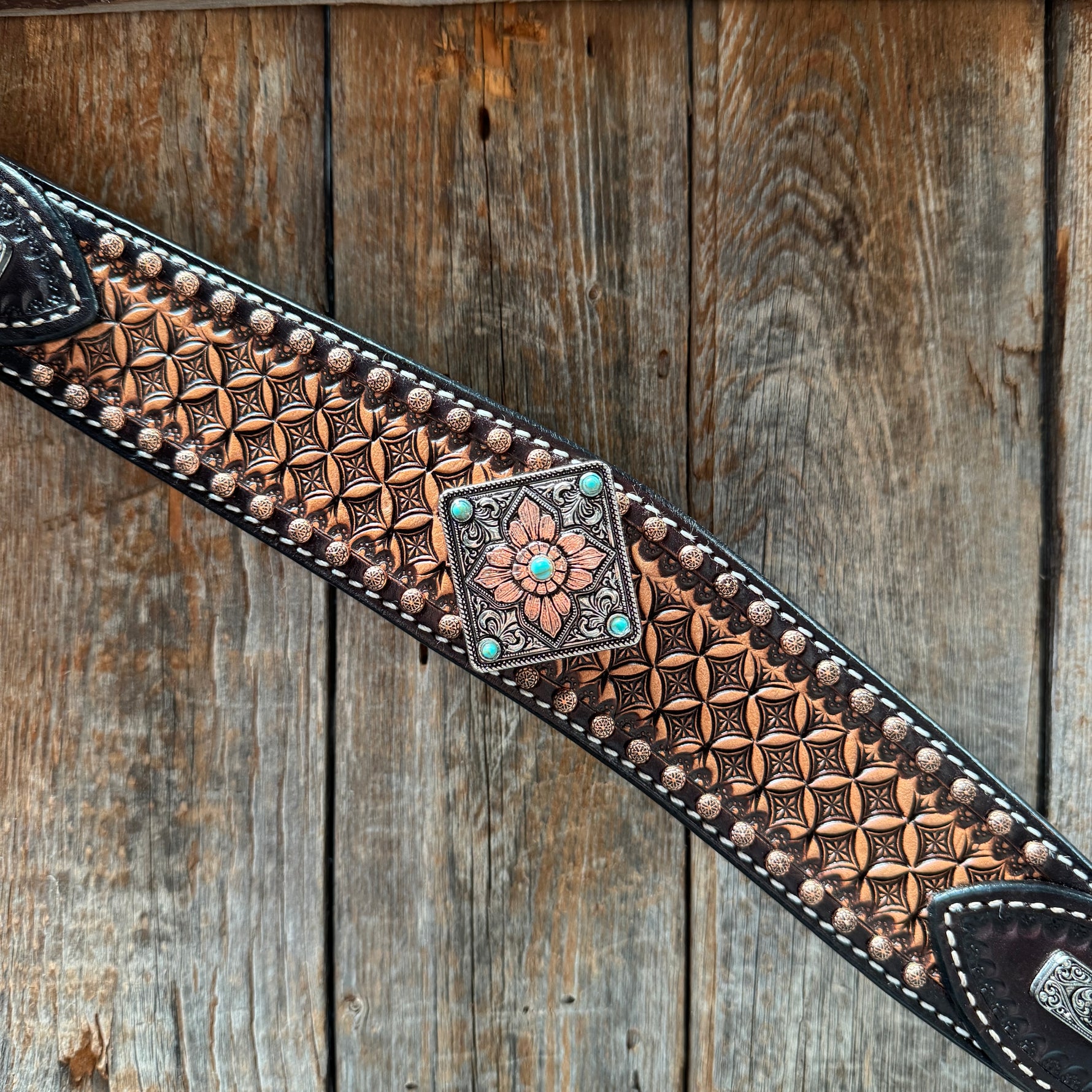Two Tone Honeycomb Antique Silver and Copper Western Browband | One Ear Tack Set #BBBC513
