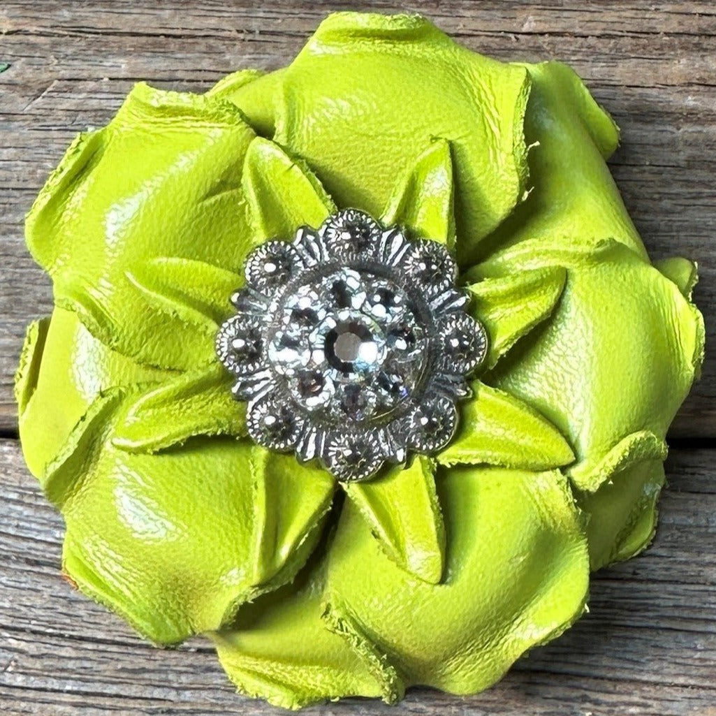 Neon Chartreuse Yellow Gardenia Flower With Antique Silver Clear 1" Concho