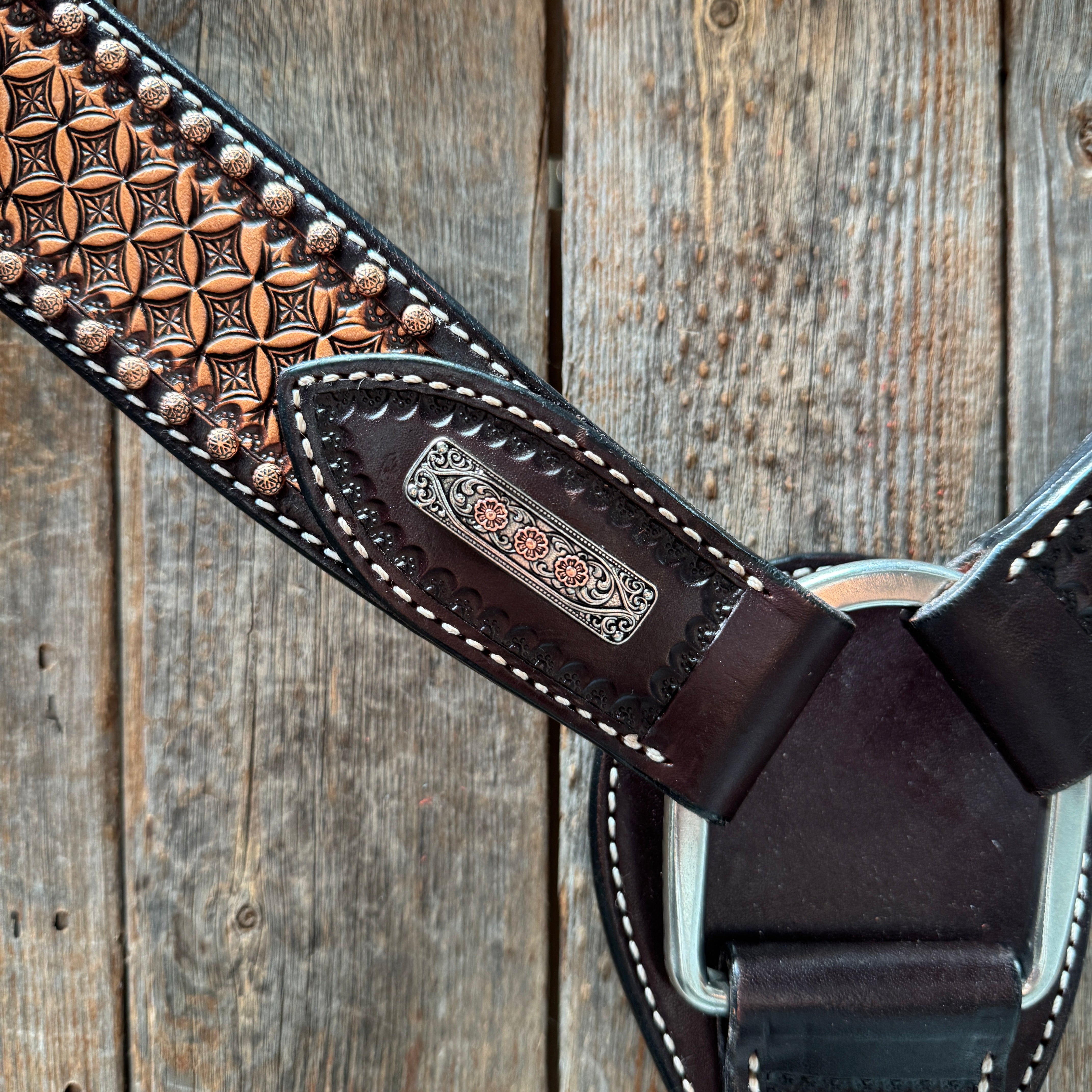 Two Tone Honeycomb Antique Silver and Copper Western Browband | One Ear Tack Set #BBBC513