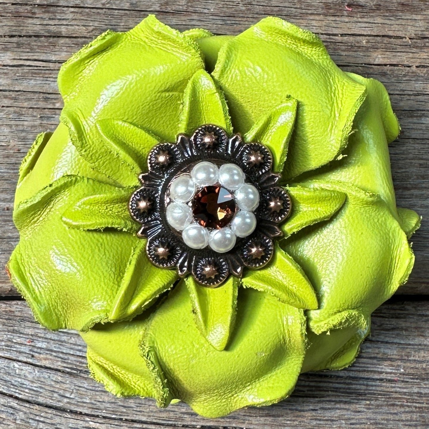 Neon Chartreuse Yellow Gardenia Flower With Copper Topaz & Pearl 1" Concho