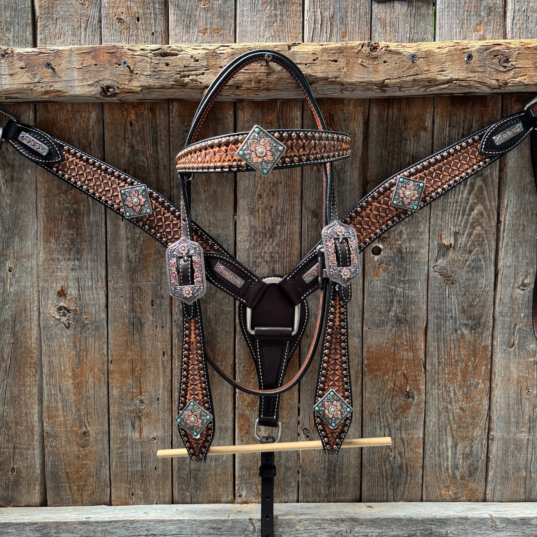 Two Tone Honeycomb Antique Silver and Copper Western Browband | One Ear Tack Set #BBBC513
